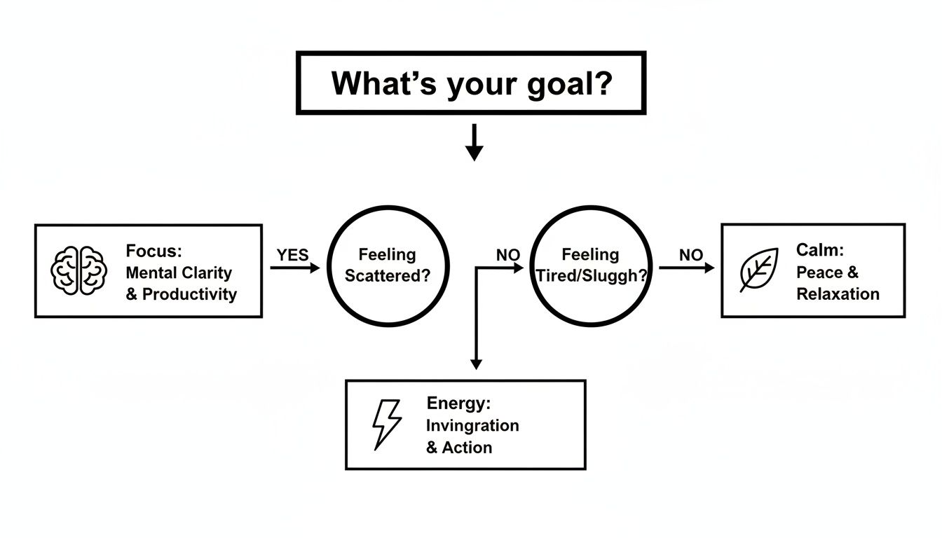 A flowchart identifying personal goals based on feelings: focus, energy, or calm.