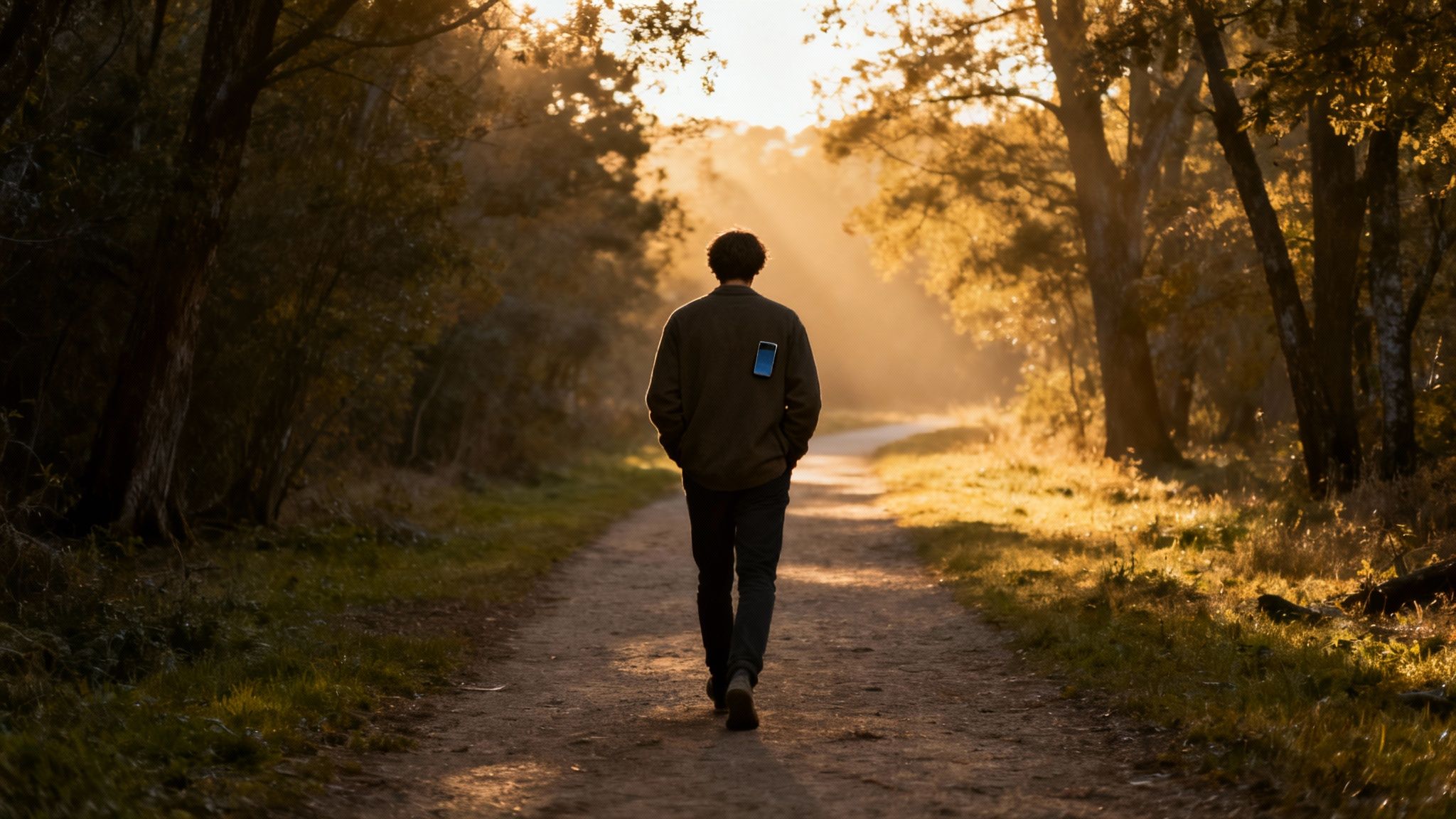 Man walking on a dirt path in a sunlit forest with a phone in his shirt collar.