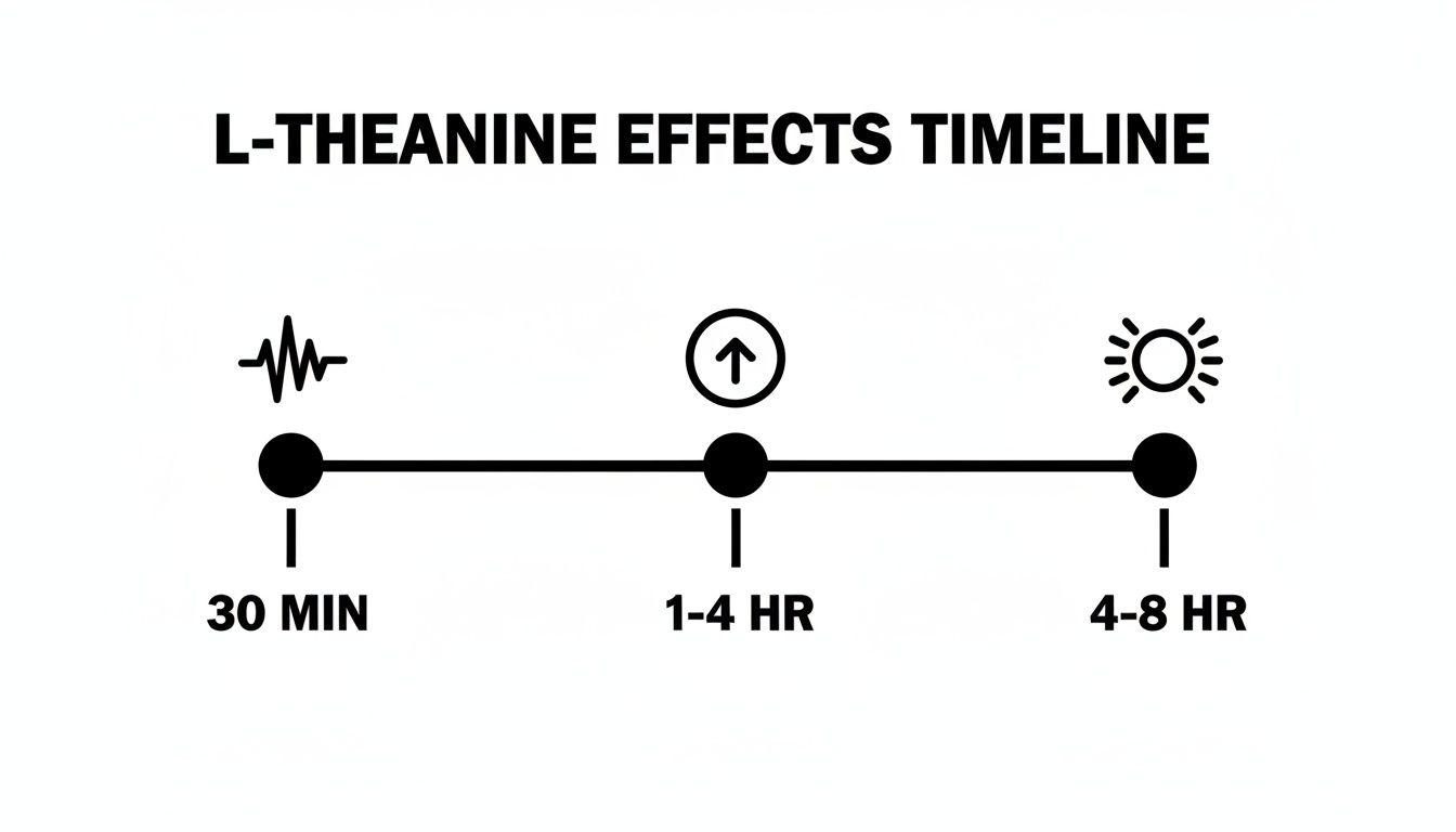 Timeline illustrating L-Theanine effects: onset in 30 minutes, peak at 1-4 hours, lasting 4-8 hours.