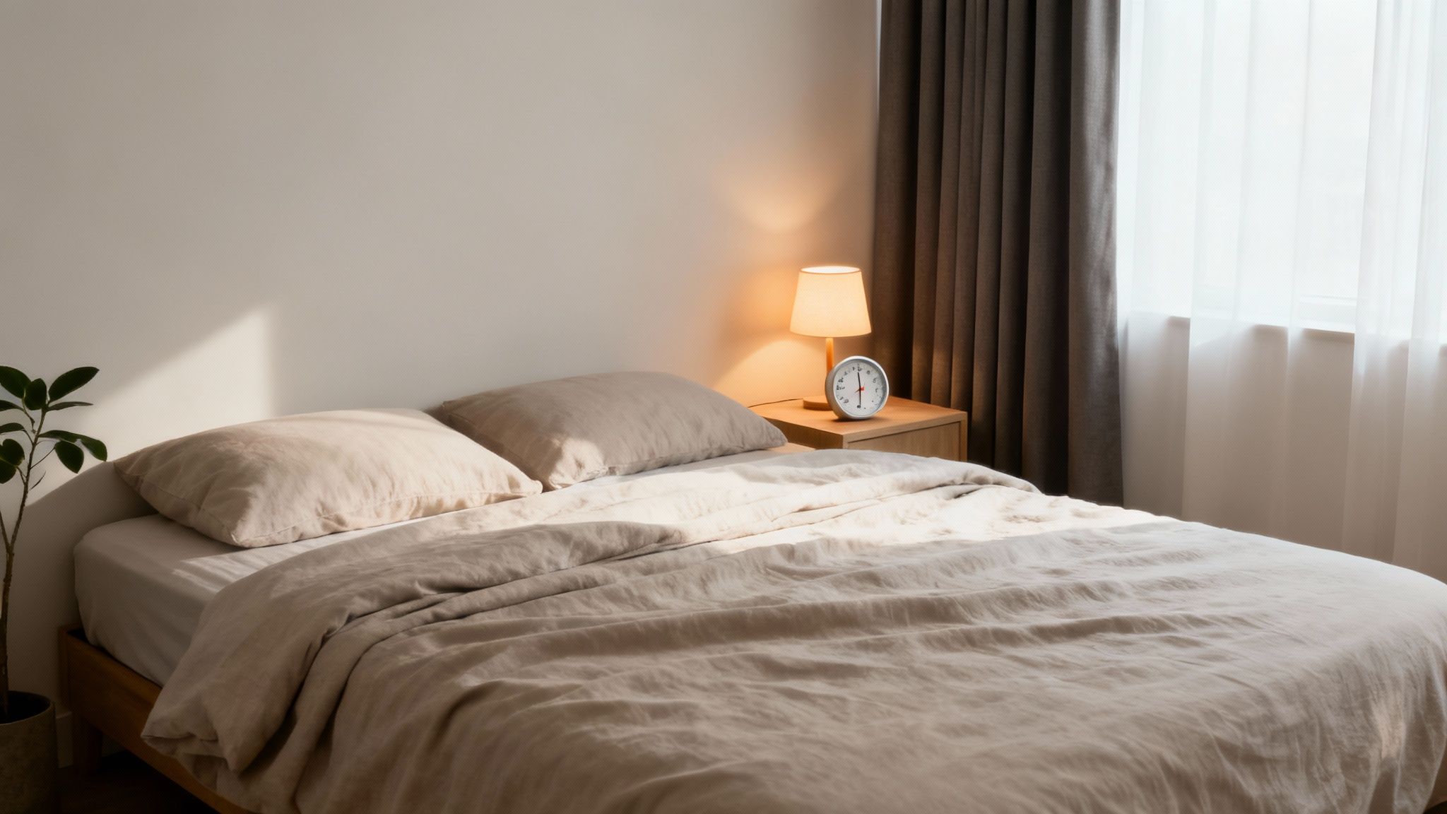 A cozy bedroom interior with a bed, bedside table, lamp, alarm clock, and plant.