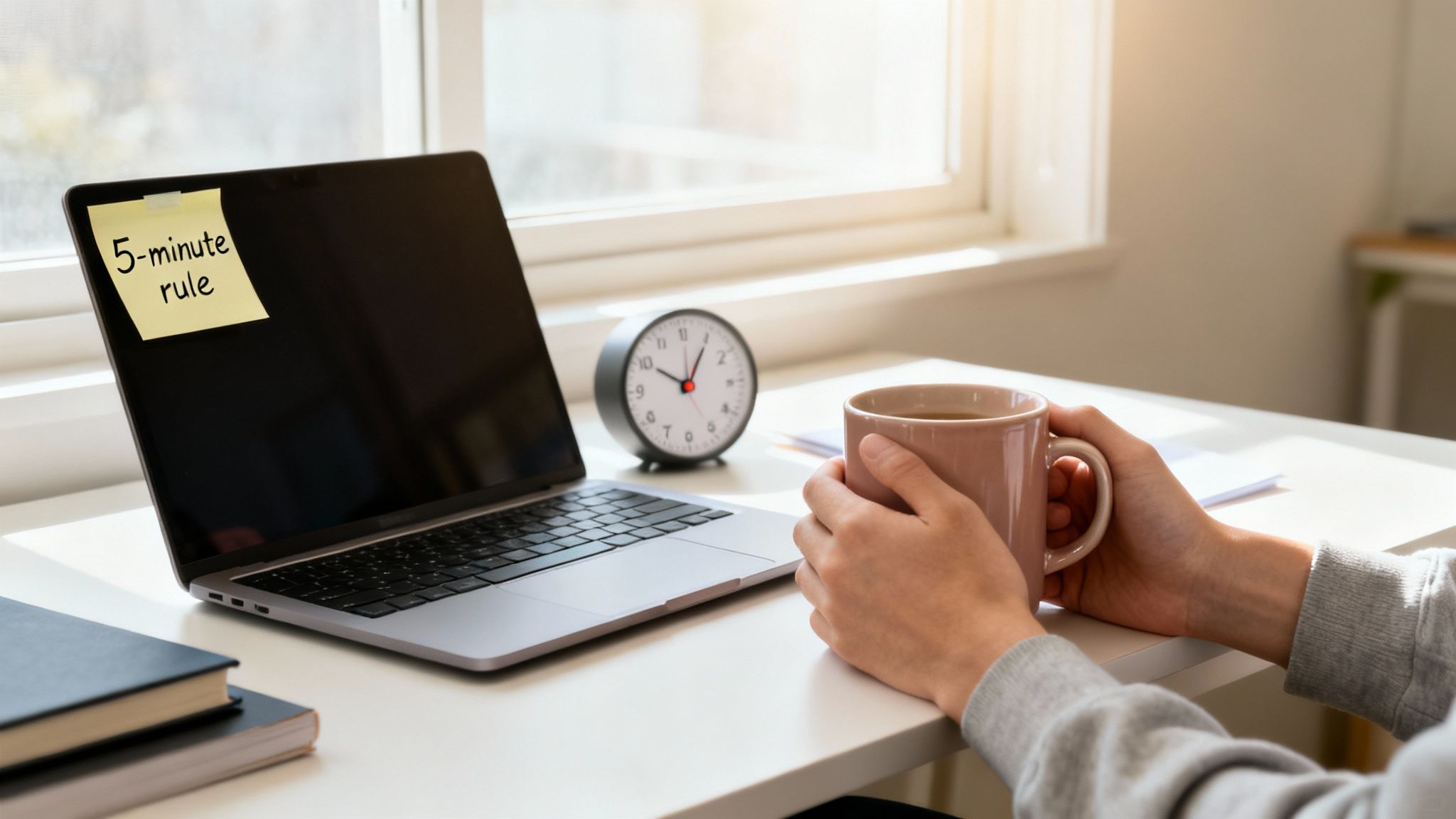 Person holding a coffee mug at a sunlit desk with a laptop, a clock, and books.