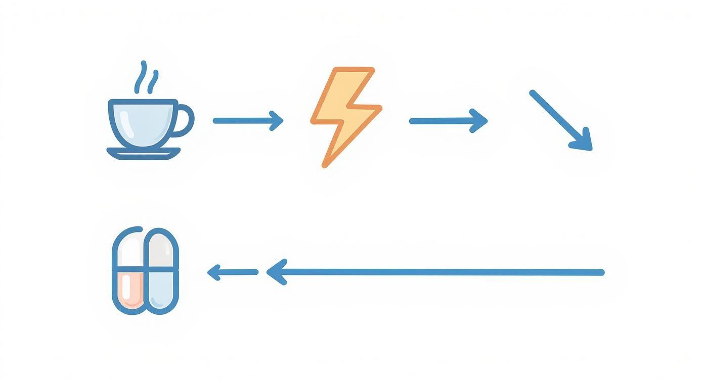 Coffee cup leads to energy boost then crash resulting in need for caffeine pills diagram