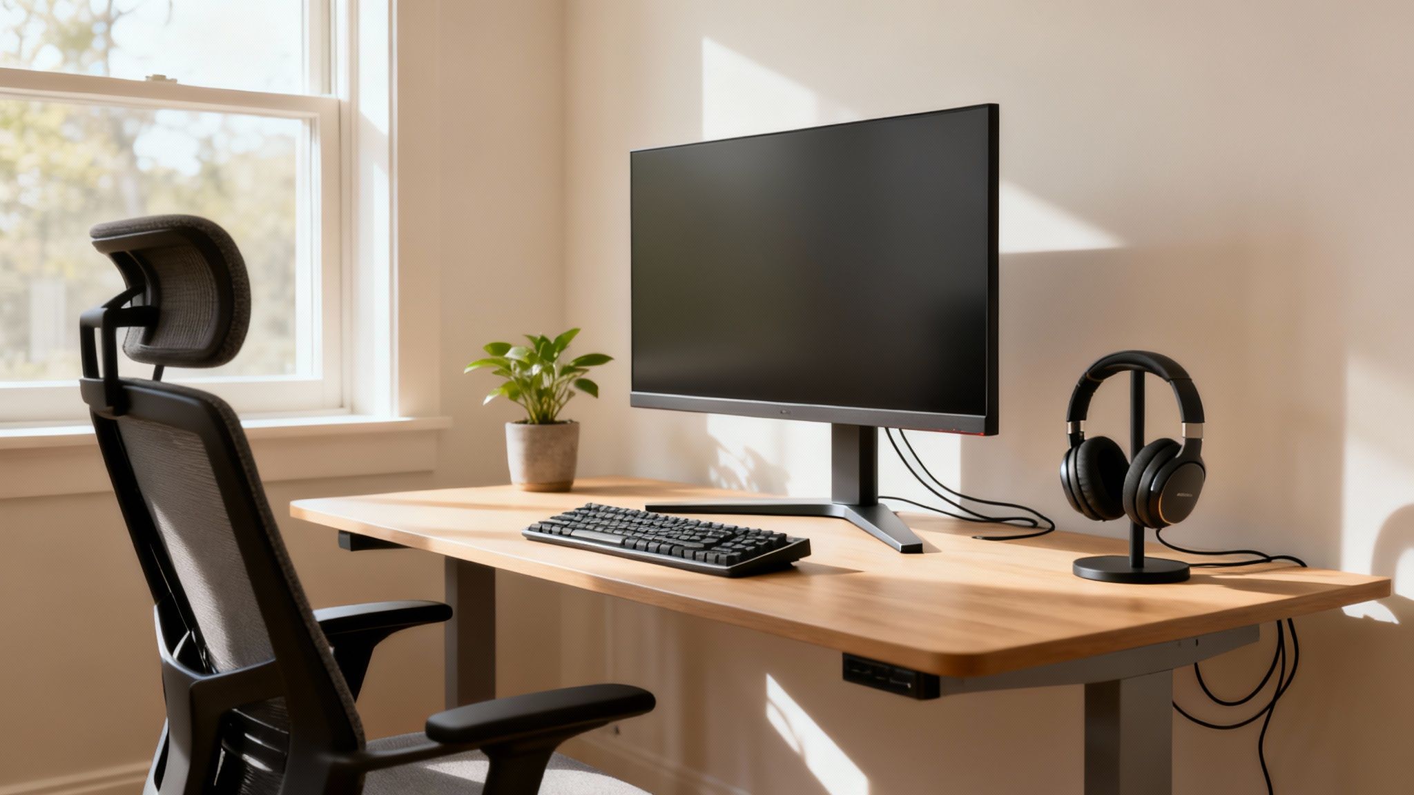 An organized and productive workspace with a laptop, plants, and natural light.
