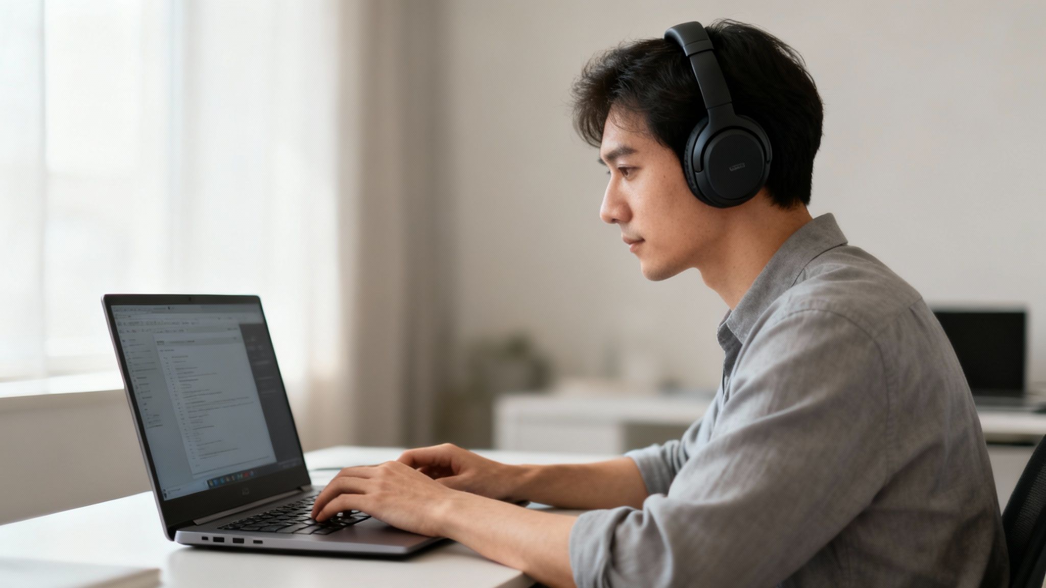 Focused Asian man wearing black headphones typing on a laptop in a bright modern office.