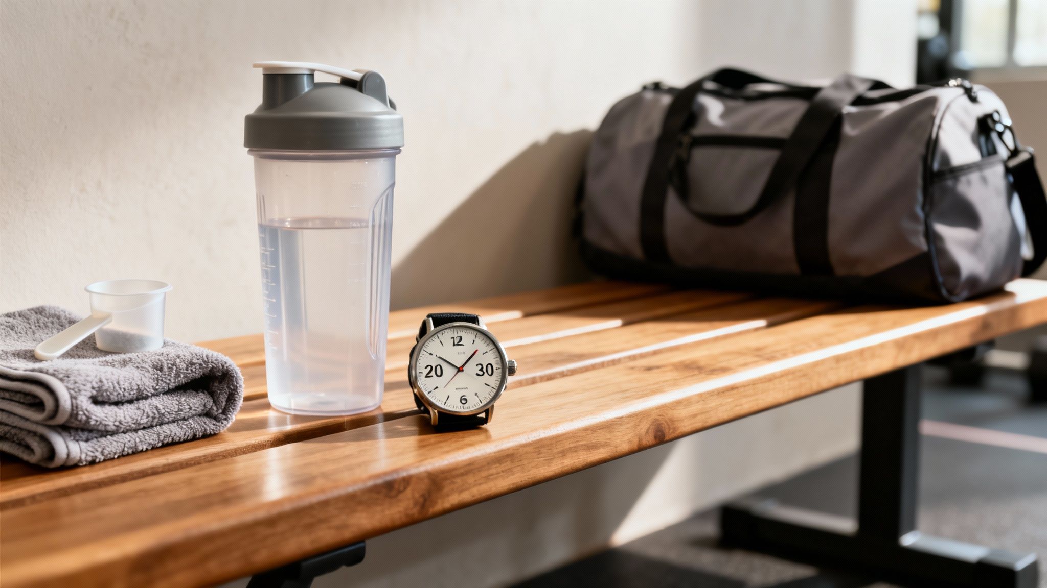 Gym essentials on a wooden bench: shaker bottle, towel, powder, watch, and a gym bag.