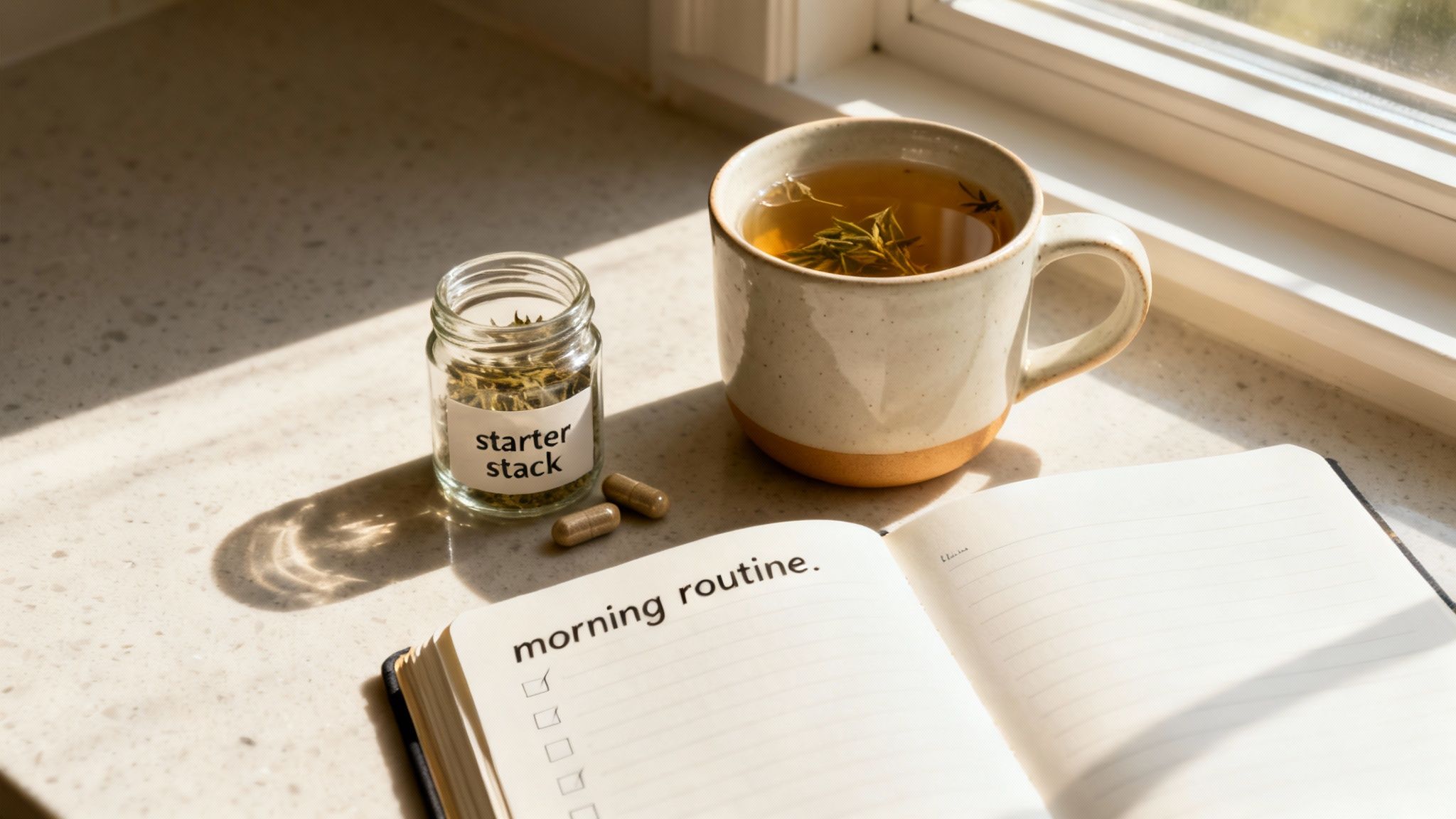 A person working at a clean, organized desk with a cup of coffee, signifying a structured and focused daily routine.