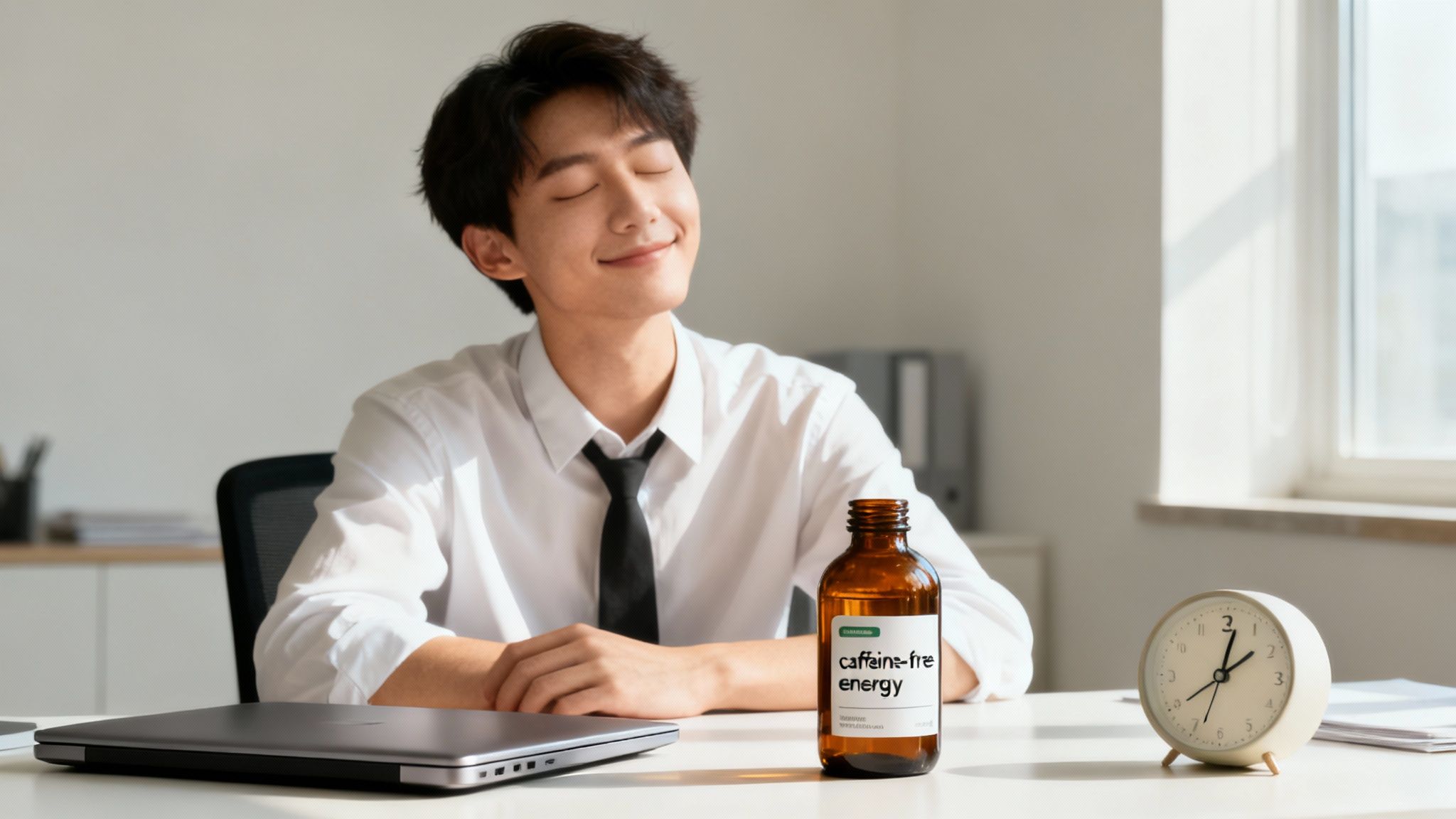 A person feeling energized and focused in a calm, natural setting, representing the benefits of caffeine-free supplements.