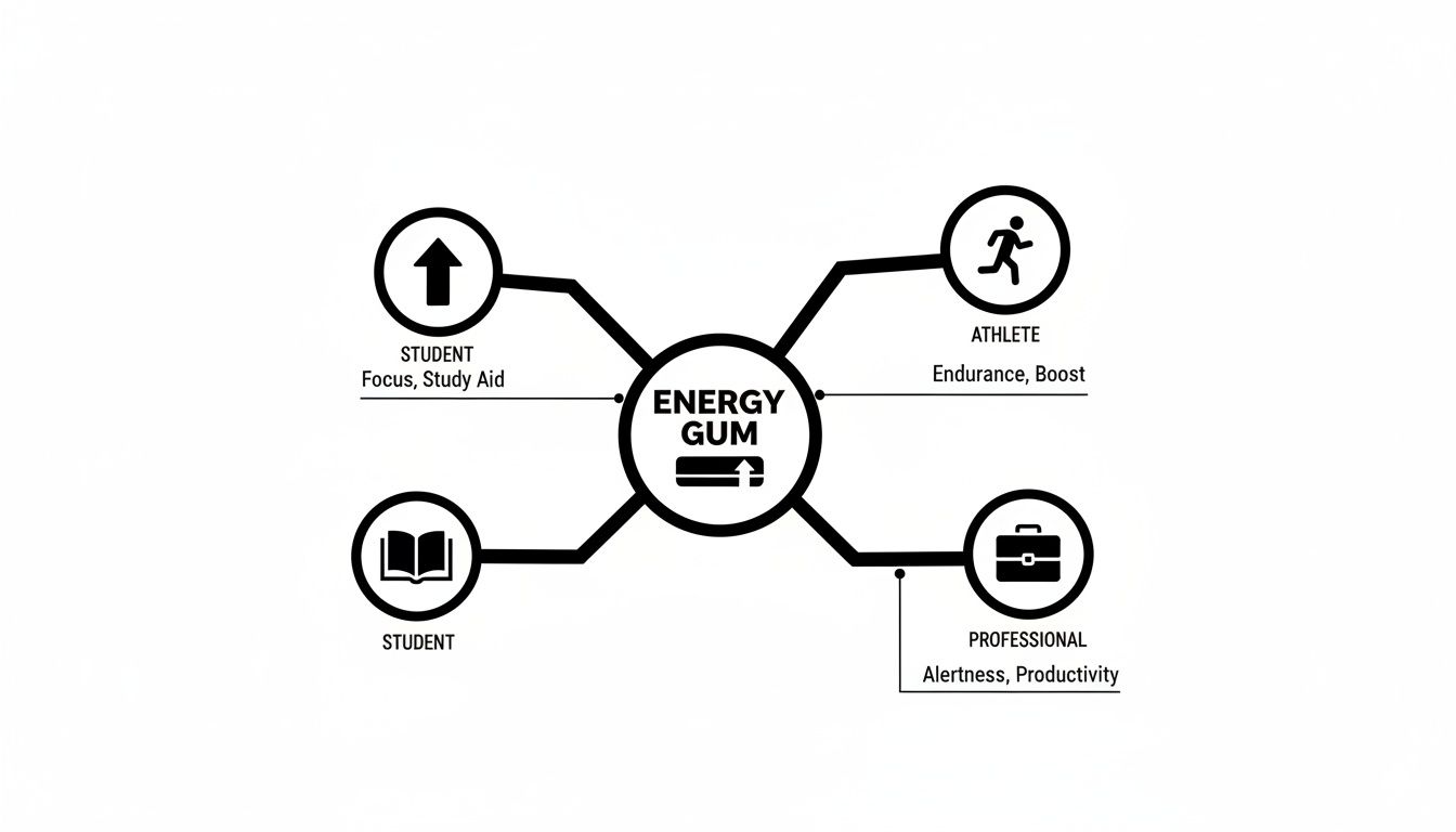 An infographic illustrating energy gum's benefits for students, athletes, and professionals' focus, endurance, and productivity.