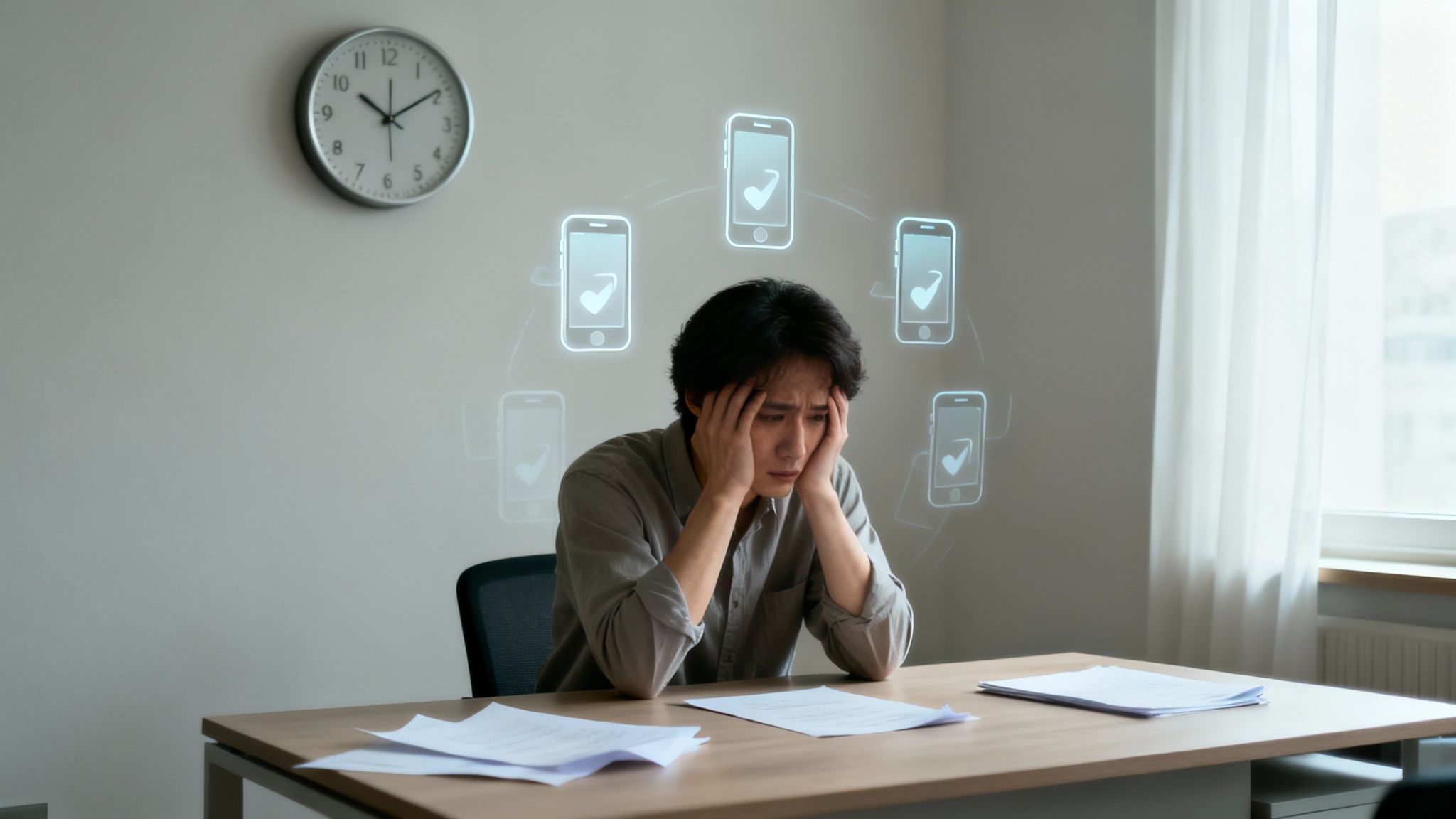 A man with his head in hands, surrounded by floating phone icons with checkmarks, symbolizing digital overload.