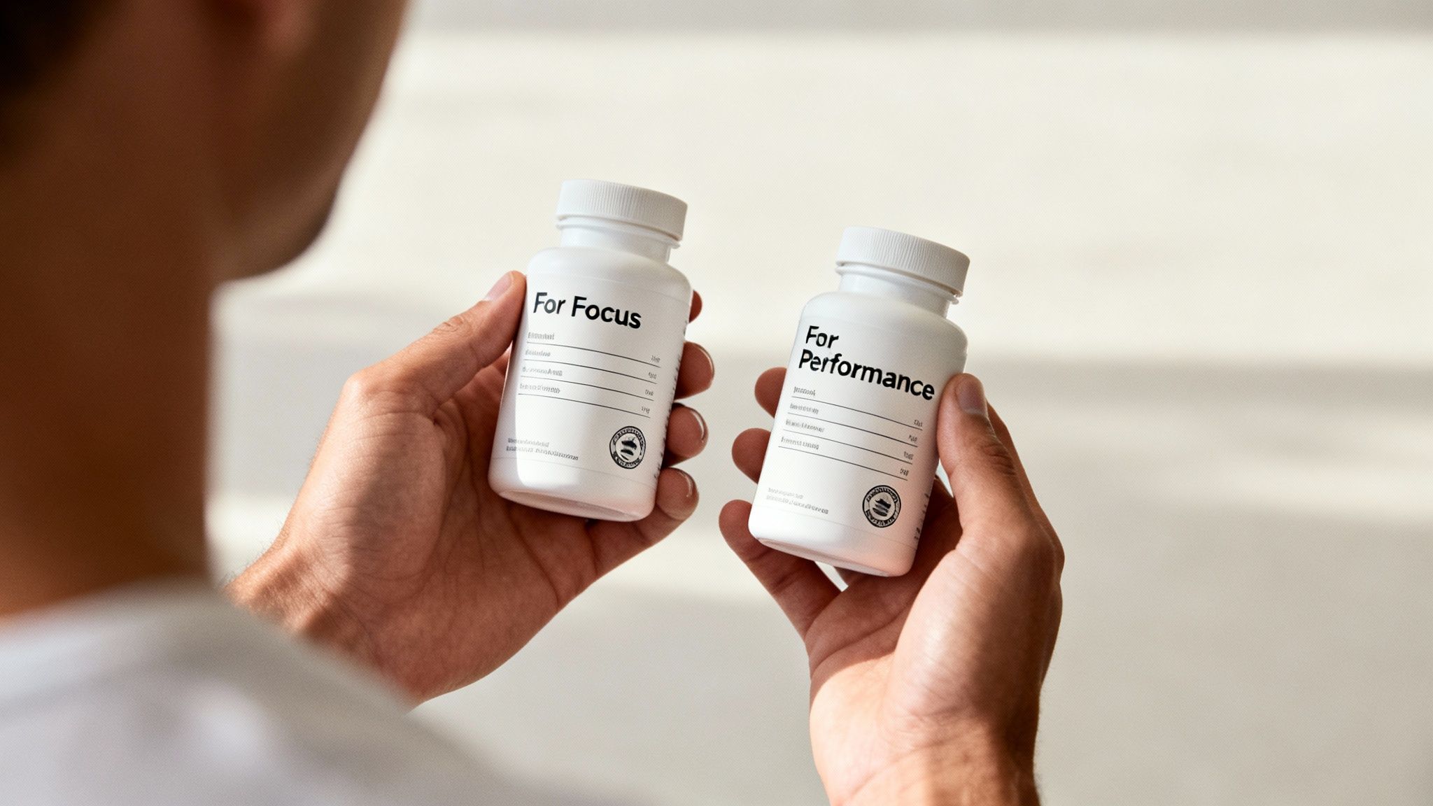 A person looking thoughtfully at a supplement label, representing the process of making an informed choice.