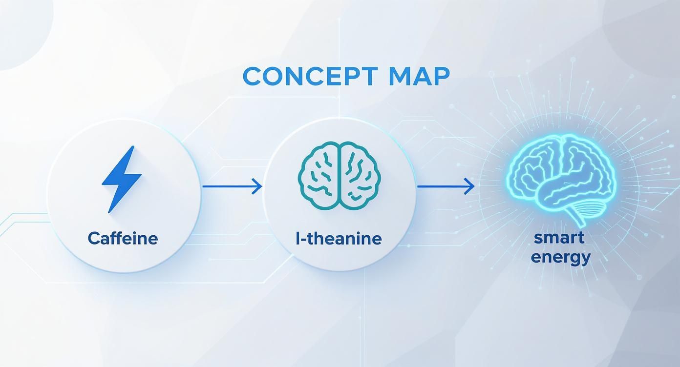 Concept map showing caffeine and l-theanine combination producing smart energy with brain icons
