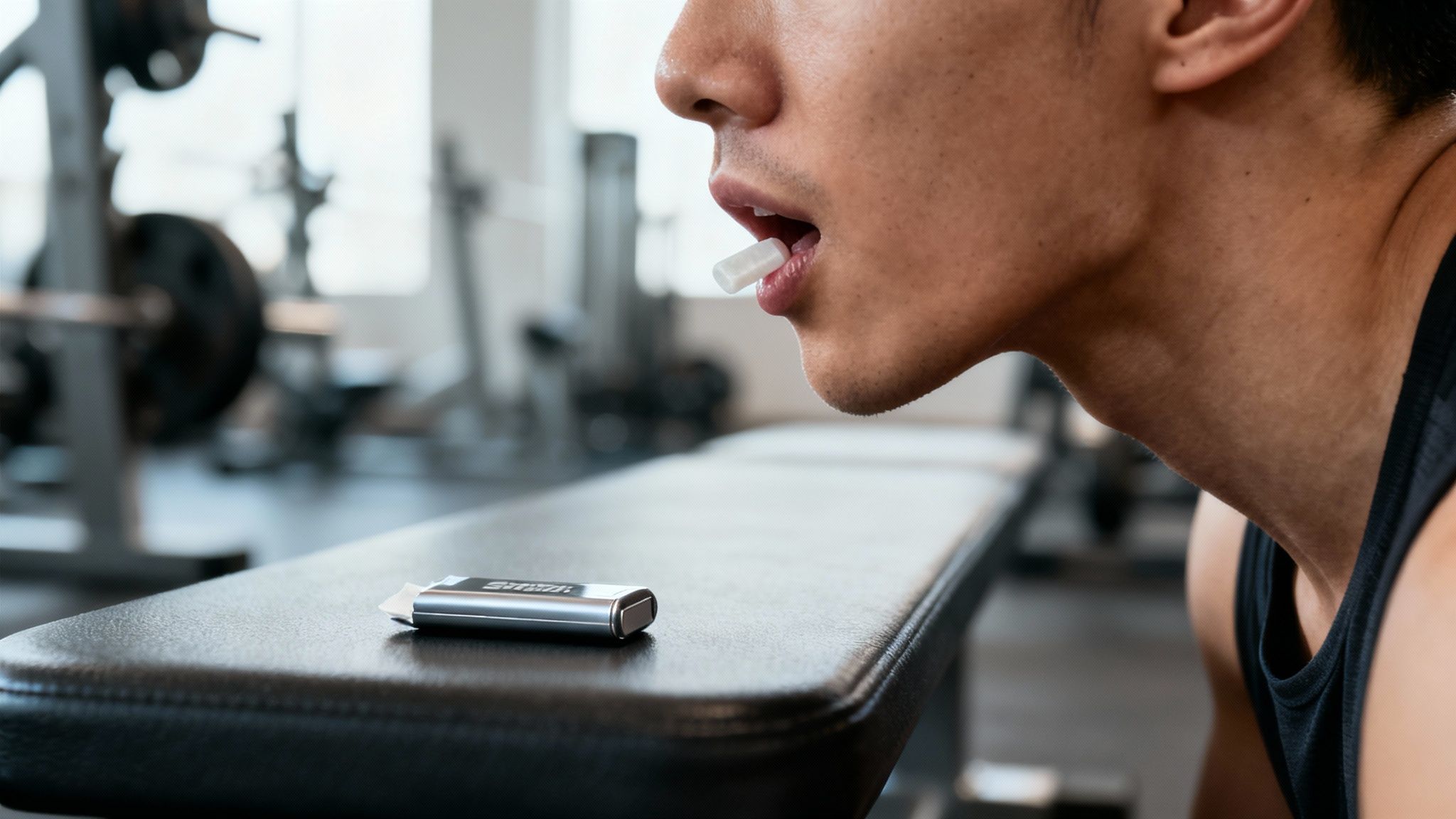 A person holding a pack of pre workout gum before a workout session