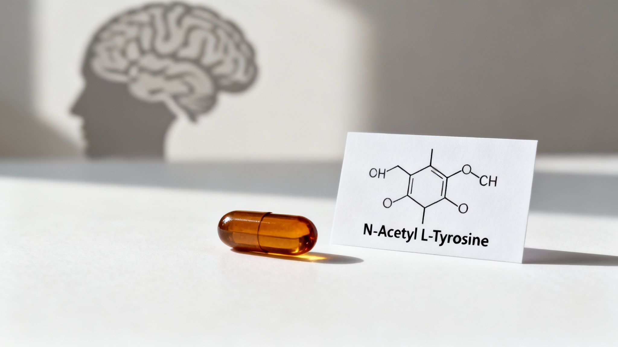 N-Acetyl L-Tyrosine supplement capsule with chemical structure diagram and brain silhouette background
