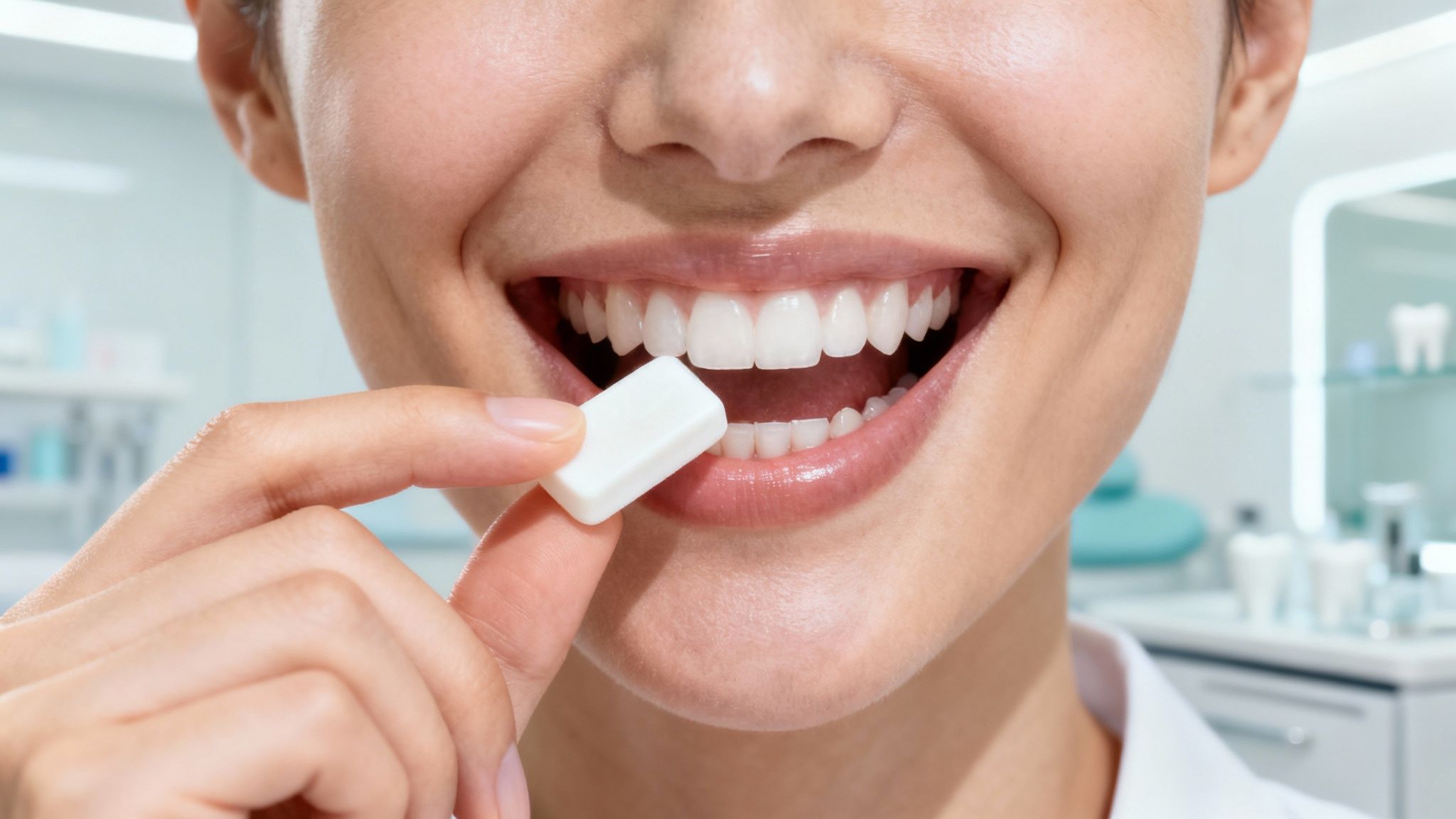 A smiling person with healthy white teeth holds a piece of chewing gum in a dental office.