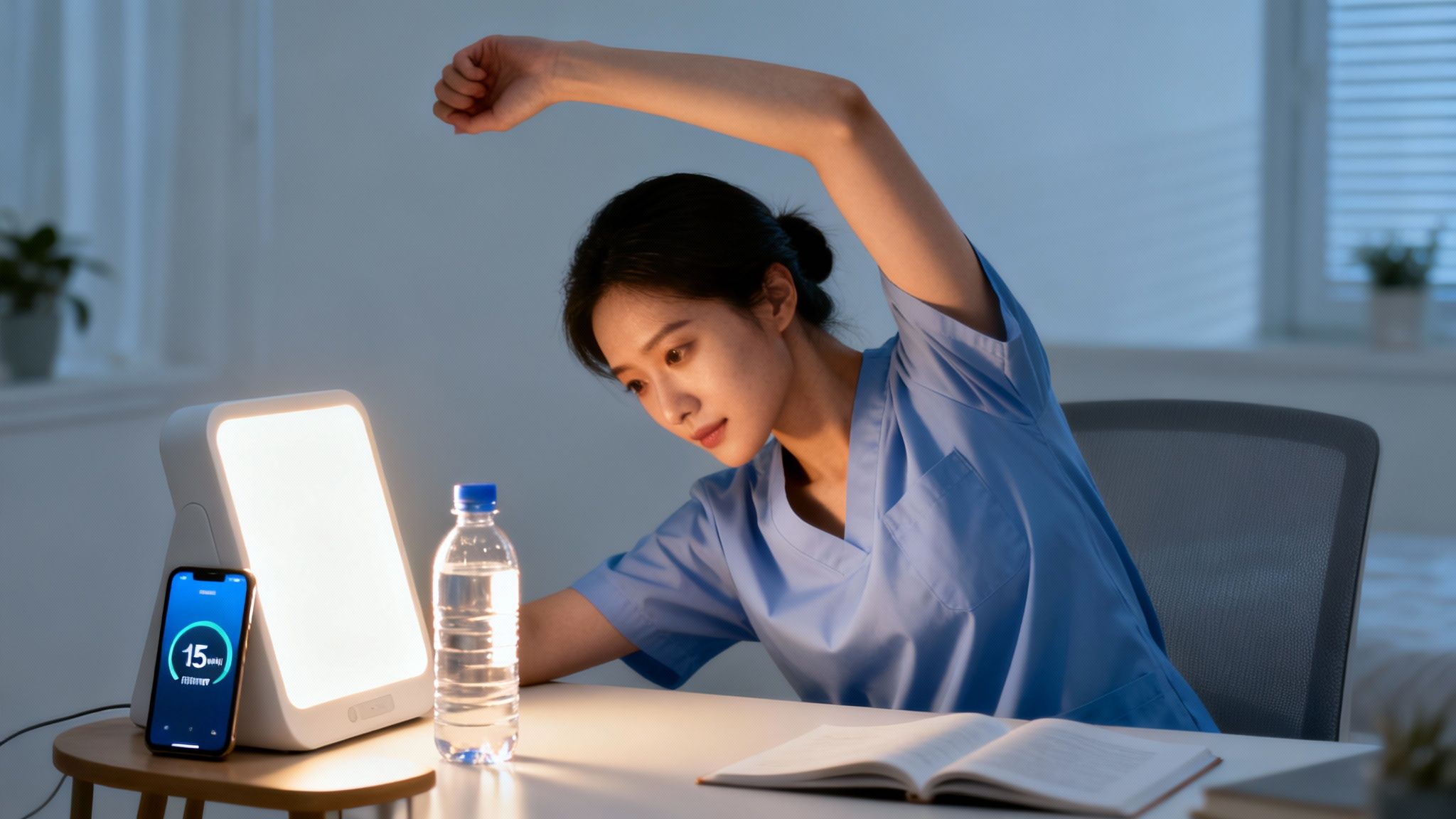 A young woman in medical scrubs stretches at her desk with a bright lamp, phone, and water.