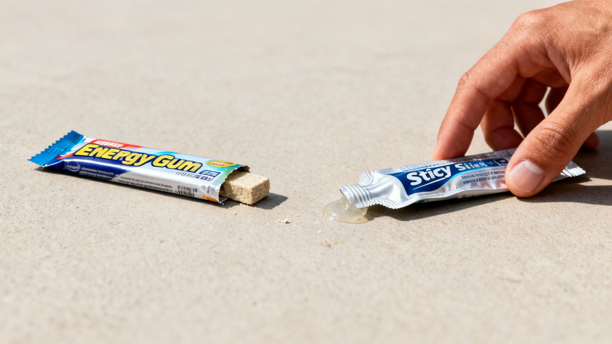 A runner choosing between a pack of energy gum and an energy gel