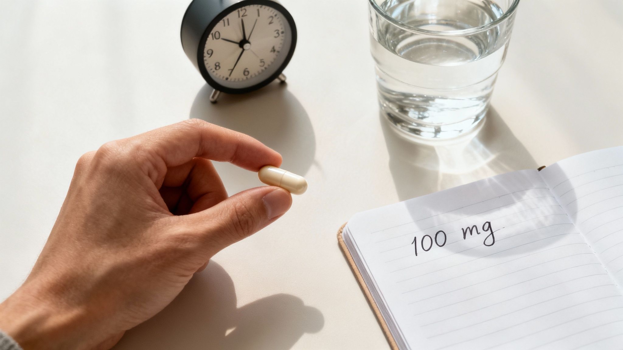 A person mindfully taking a supplement with a glass of water, symbolizing correct usage.