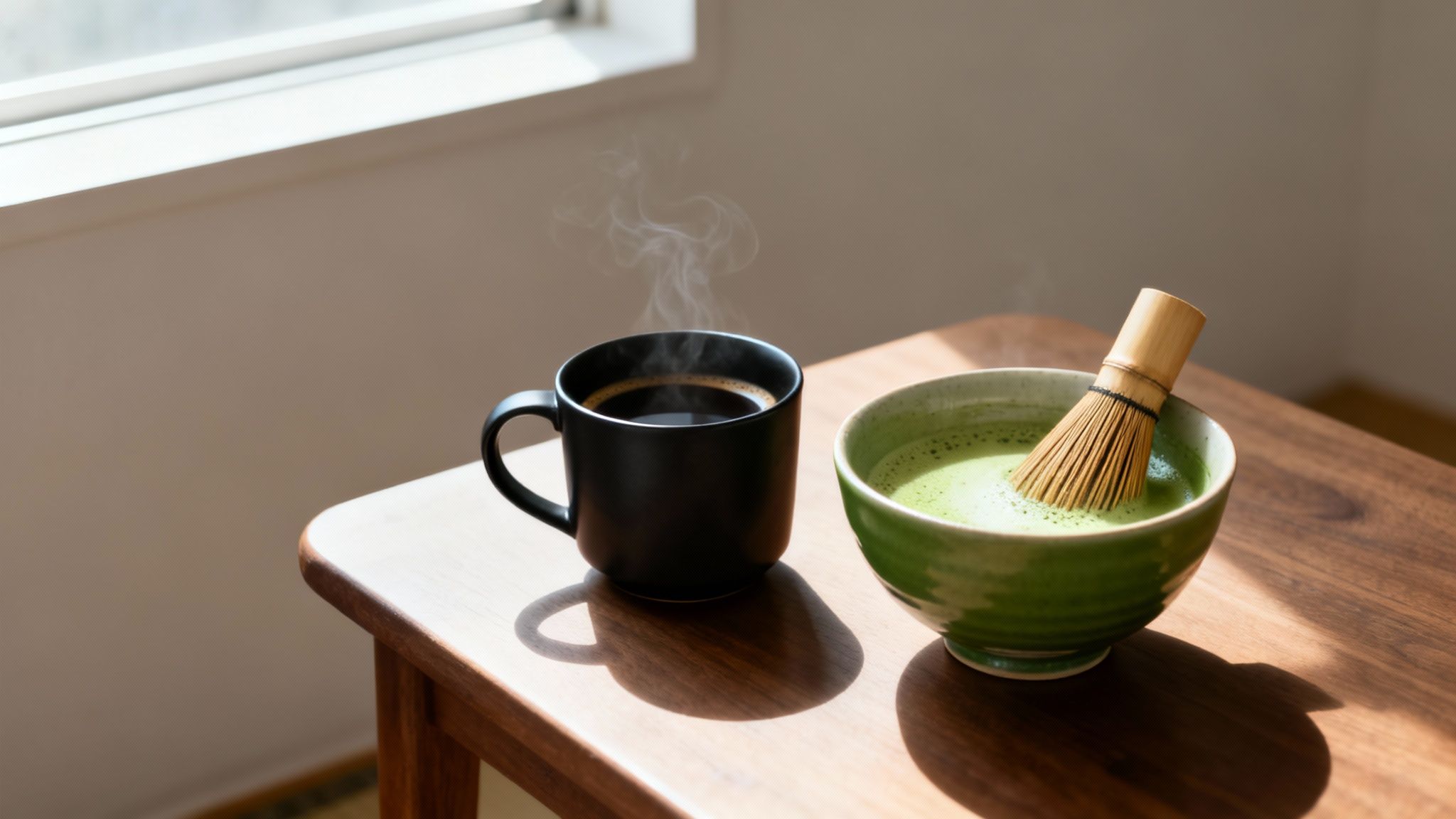Steaming black coffee mug and a bowl of green matcha tea with a whisk on a wooden table.