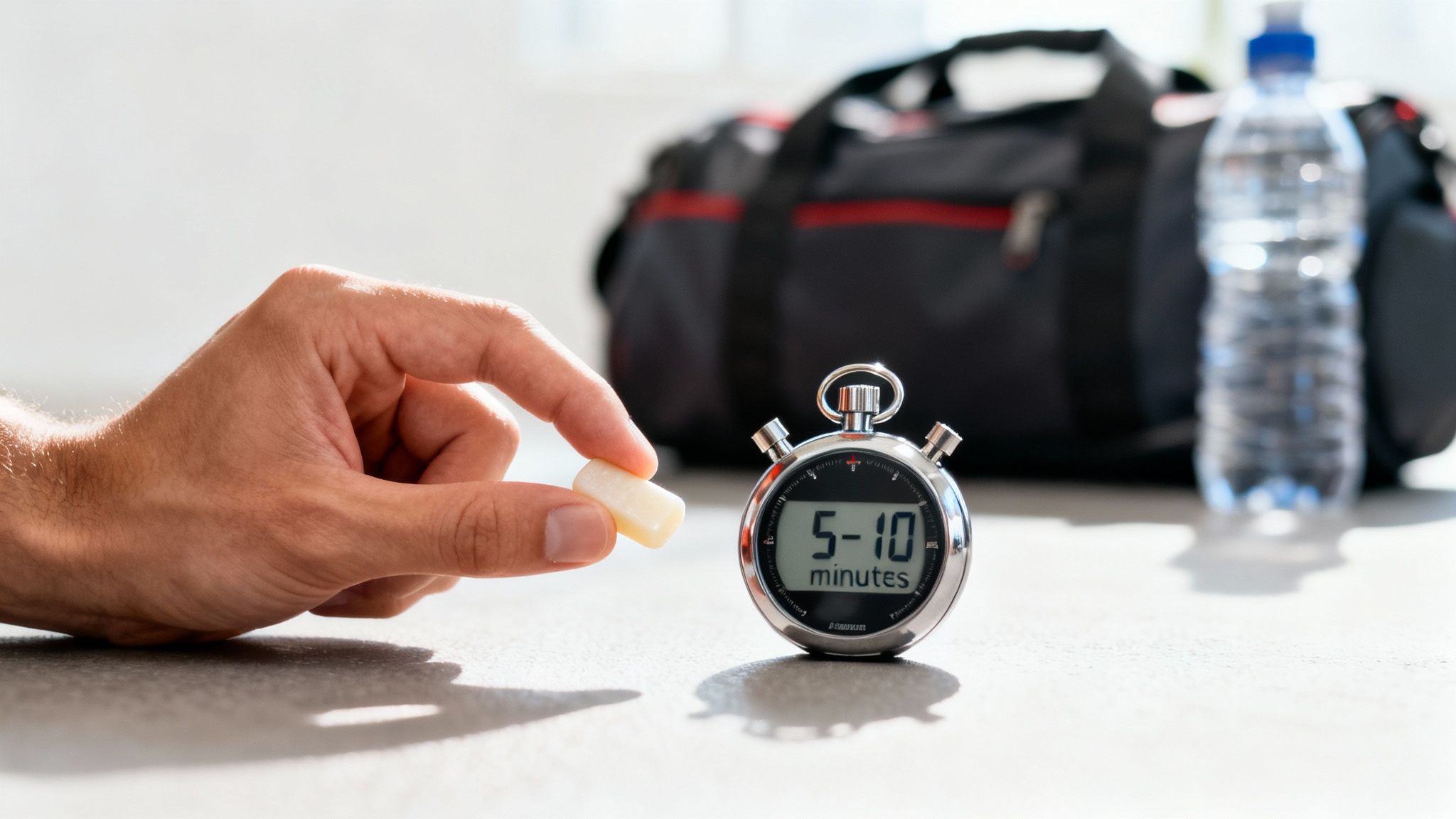 A hand holds a piece of pre-workout chewing gum next to a stopwatch displaying '5-10 minutes', with a gym bag and water bottle in the background.