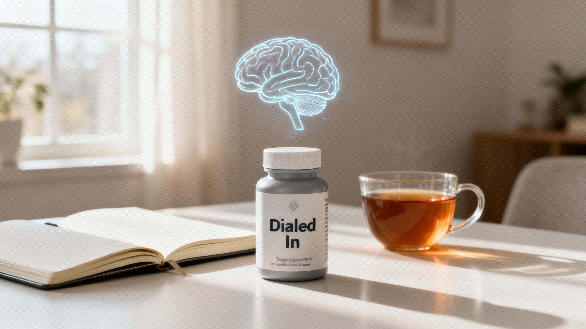 A person holding a nootropic supplement with a focused expression, representing cognitive enhancement.