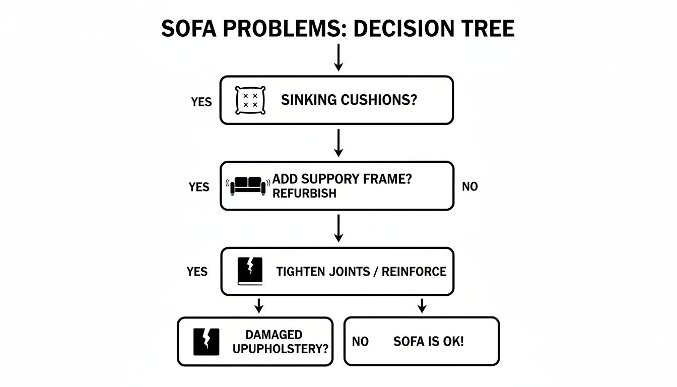A decision tree flowchart for troubleshooting and repairing common sofa problems, including sinking cushions and loose joints.