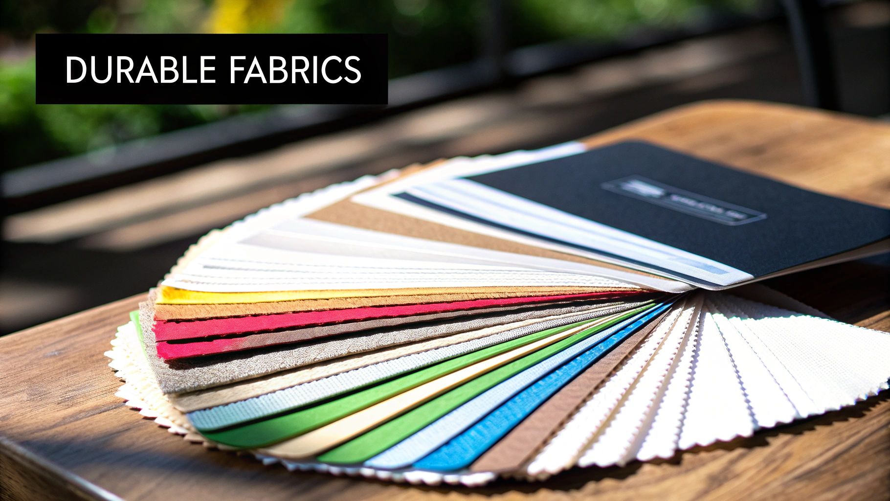 Diverse colorful durable fabric samples displayed in a fan on a wooden surface.