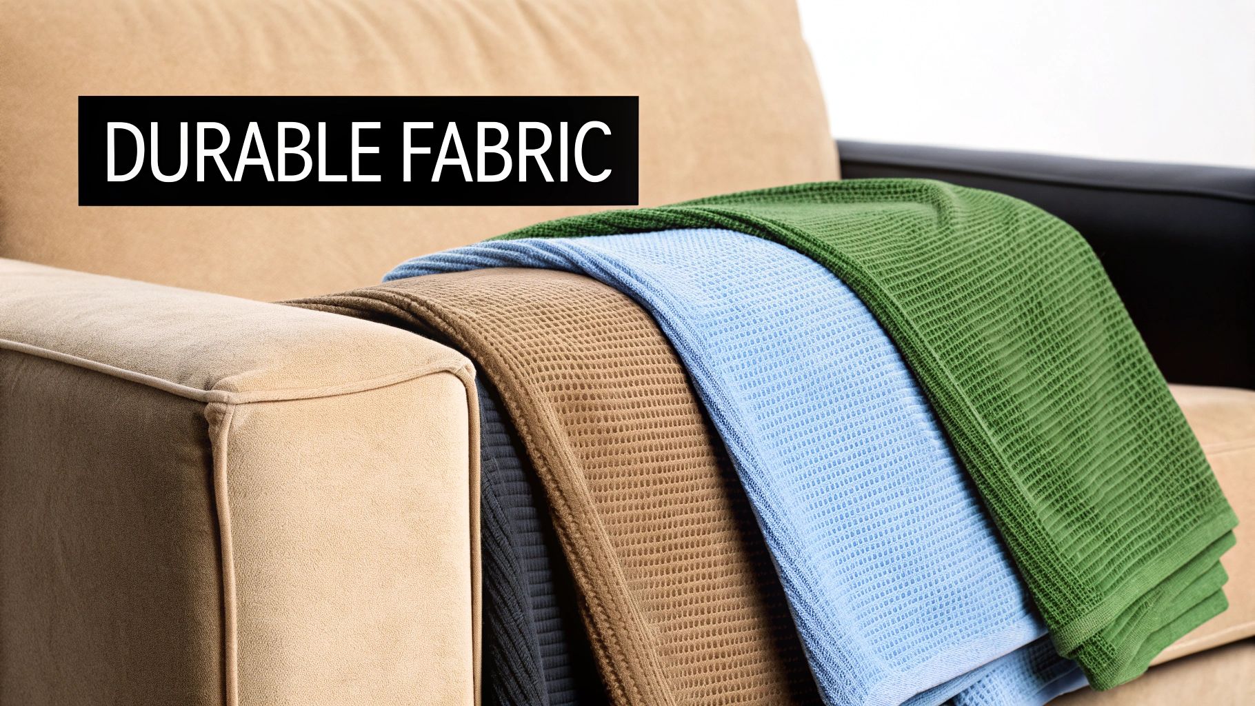 A beige sofa with folded, textured blankets in various colors, highlighting 'DURABLE FABRIC'.