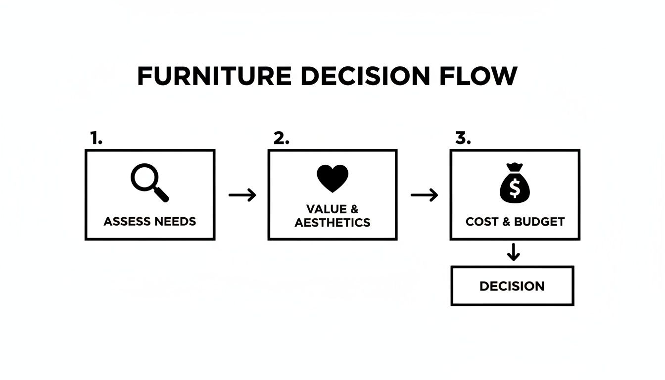 Flowchart illustrating the furniture decision-making process, covering needs, value, aesthetics, cost, and budget.