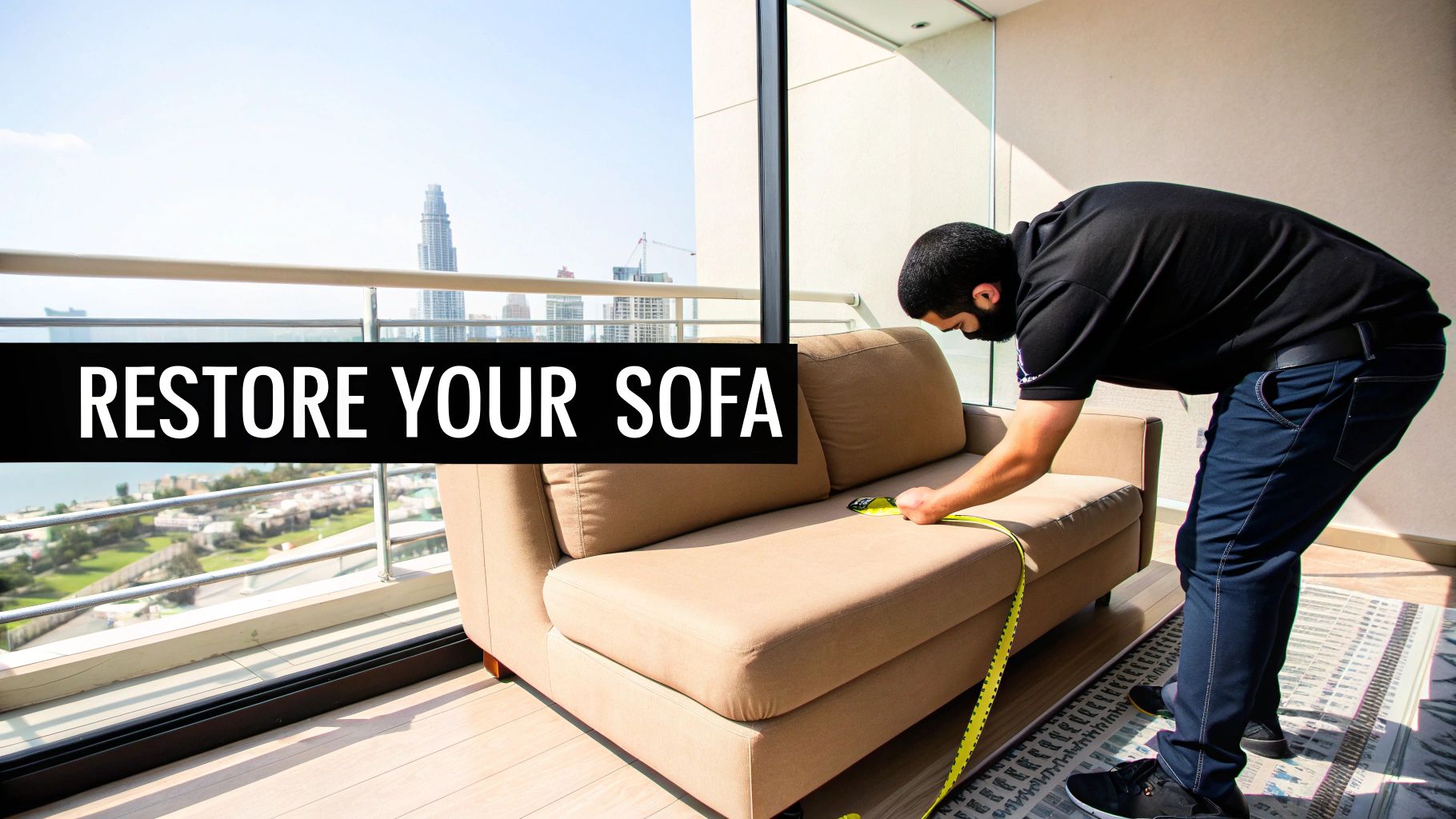 A man measures a beige sofa on a modern balcony with a city view, promoting sofa restoration.