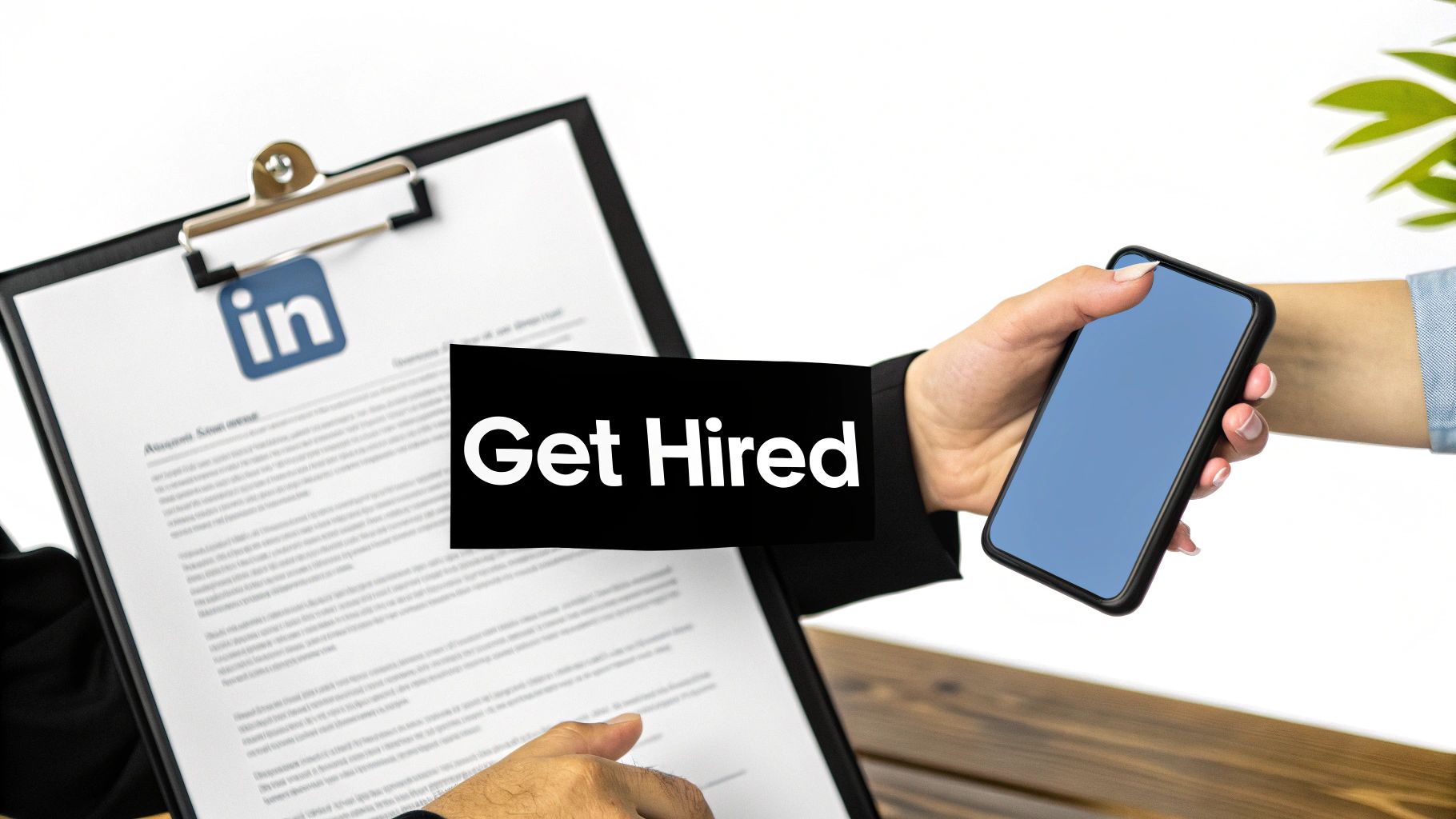 A professional holding a LinkedIn resume on a clipboard, while another holds a smartphone with 'Get Hired' text.