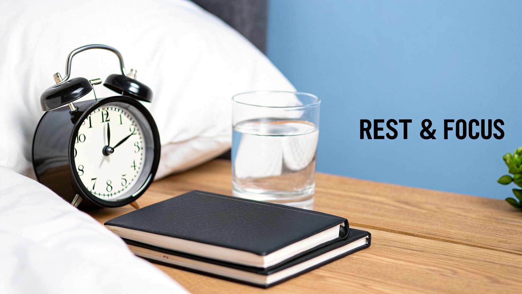 A black alarm clock, glass of water, and notebooks on a bedside table with 'REST & FOCUS' text.