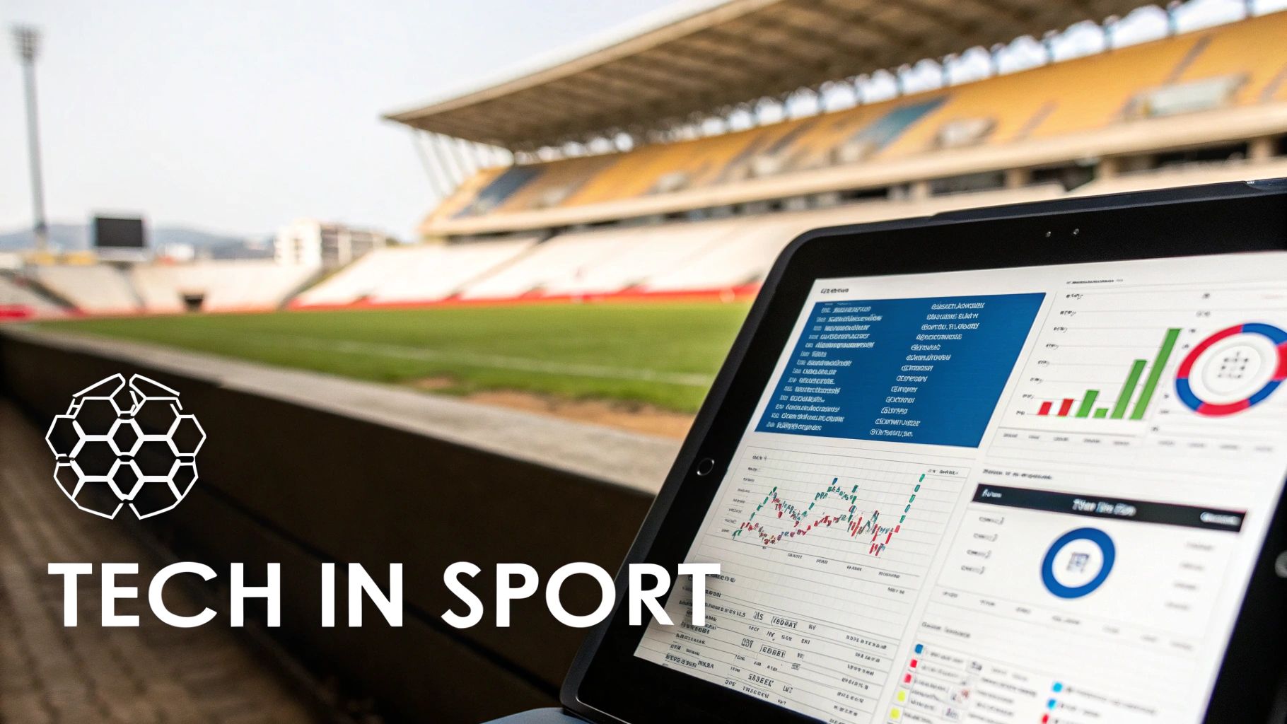 A tablet displays financial data charts in a sports stadium, showcasing technology in sport finance.