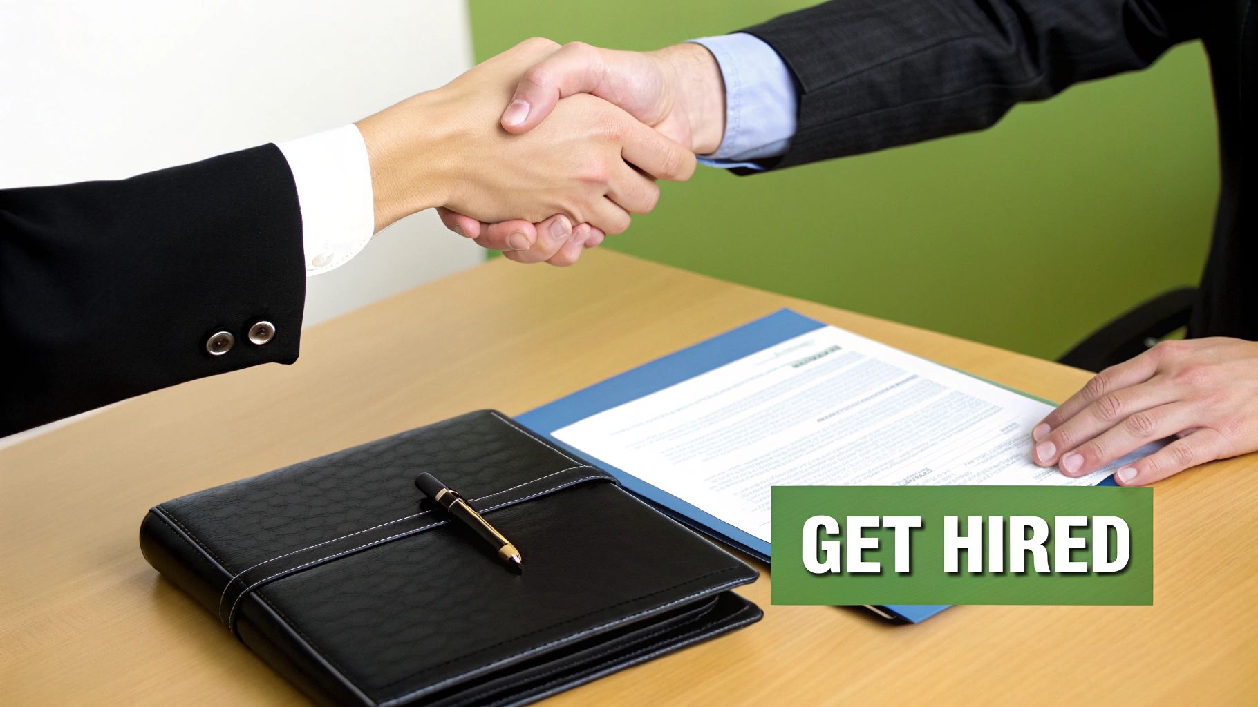 Two business professionals shaking hands over a desk with documents, symbolizing a successful job offer.