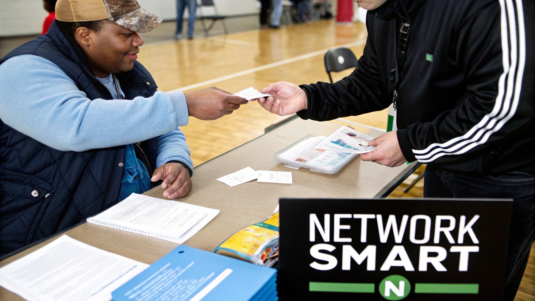 Two people exchange business cards at a table with a 'NETWORK SMART' sign at a career fair.