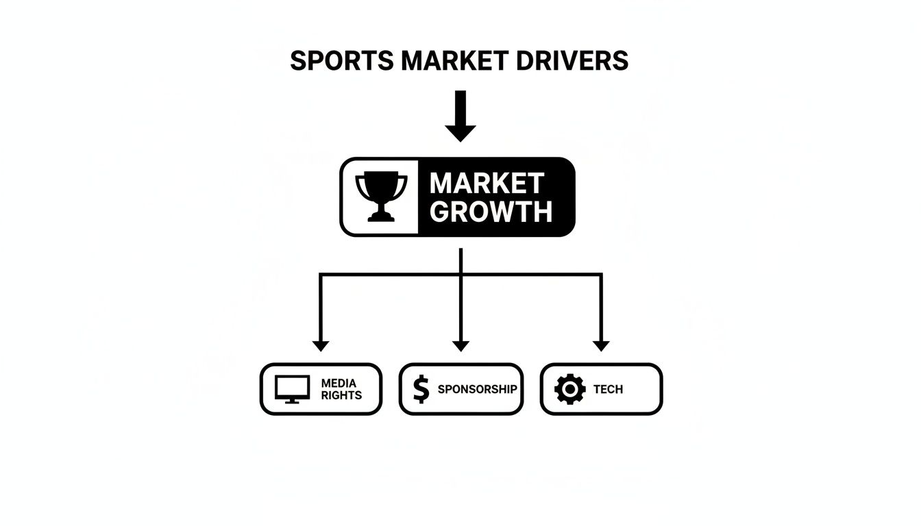A diagram illustrating sports market growth driven by media rights, sponsorship, and technology, as key drivers.