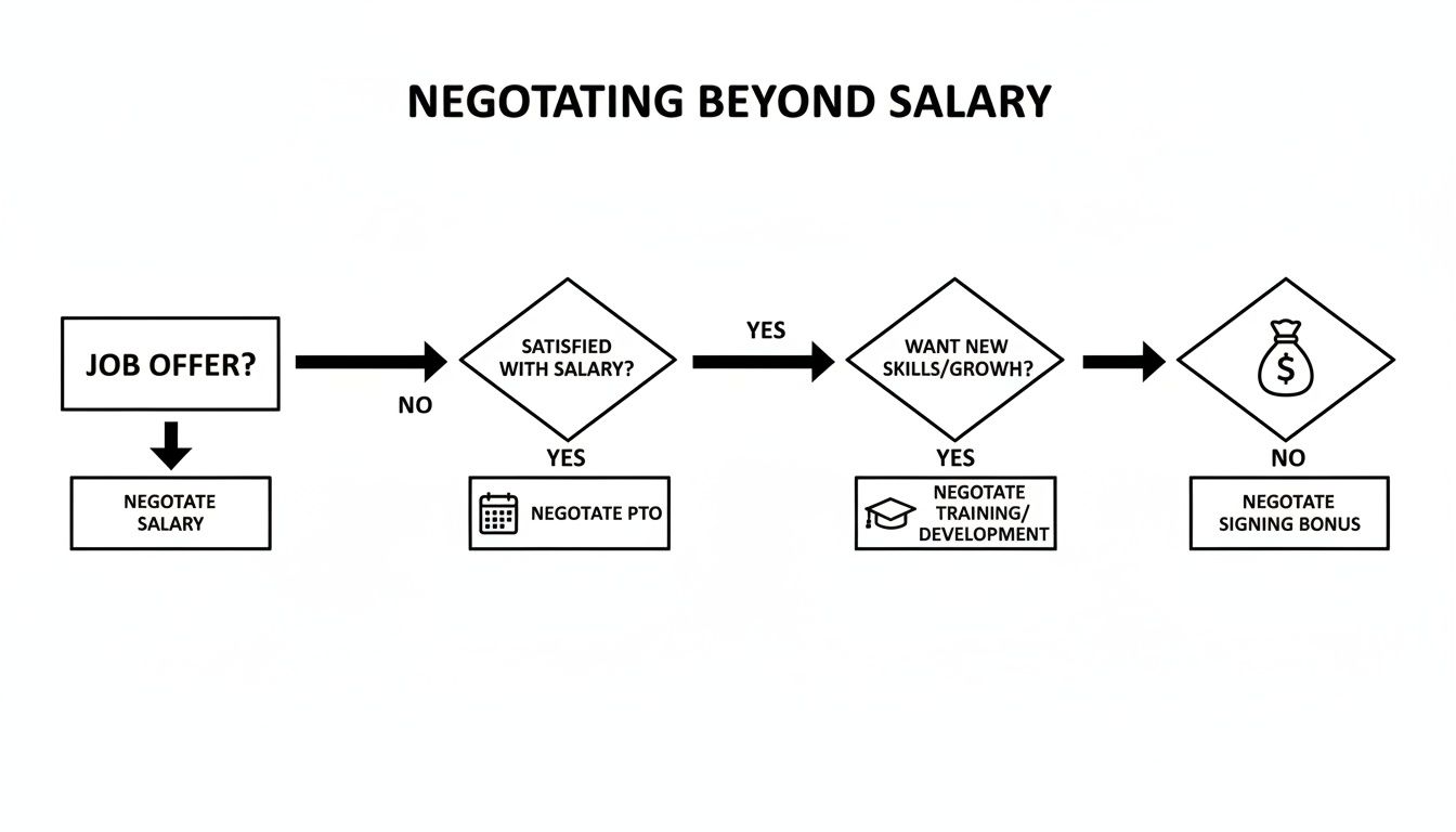 Flowchart illustrating steps to negotiate a job offer beyond salary, including PTO, training, and signing bonuses.