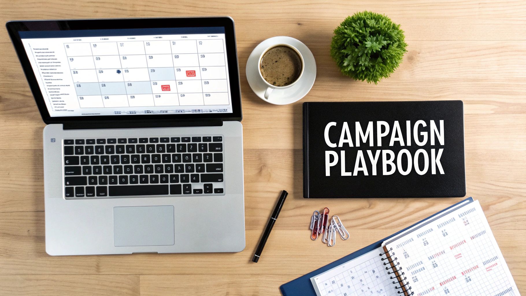 Overhead view of a marketing professional's desk with a laptop, coffee, 'Campaign Playbook' notebook, and planner.