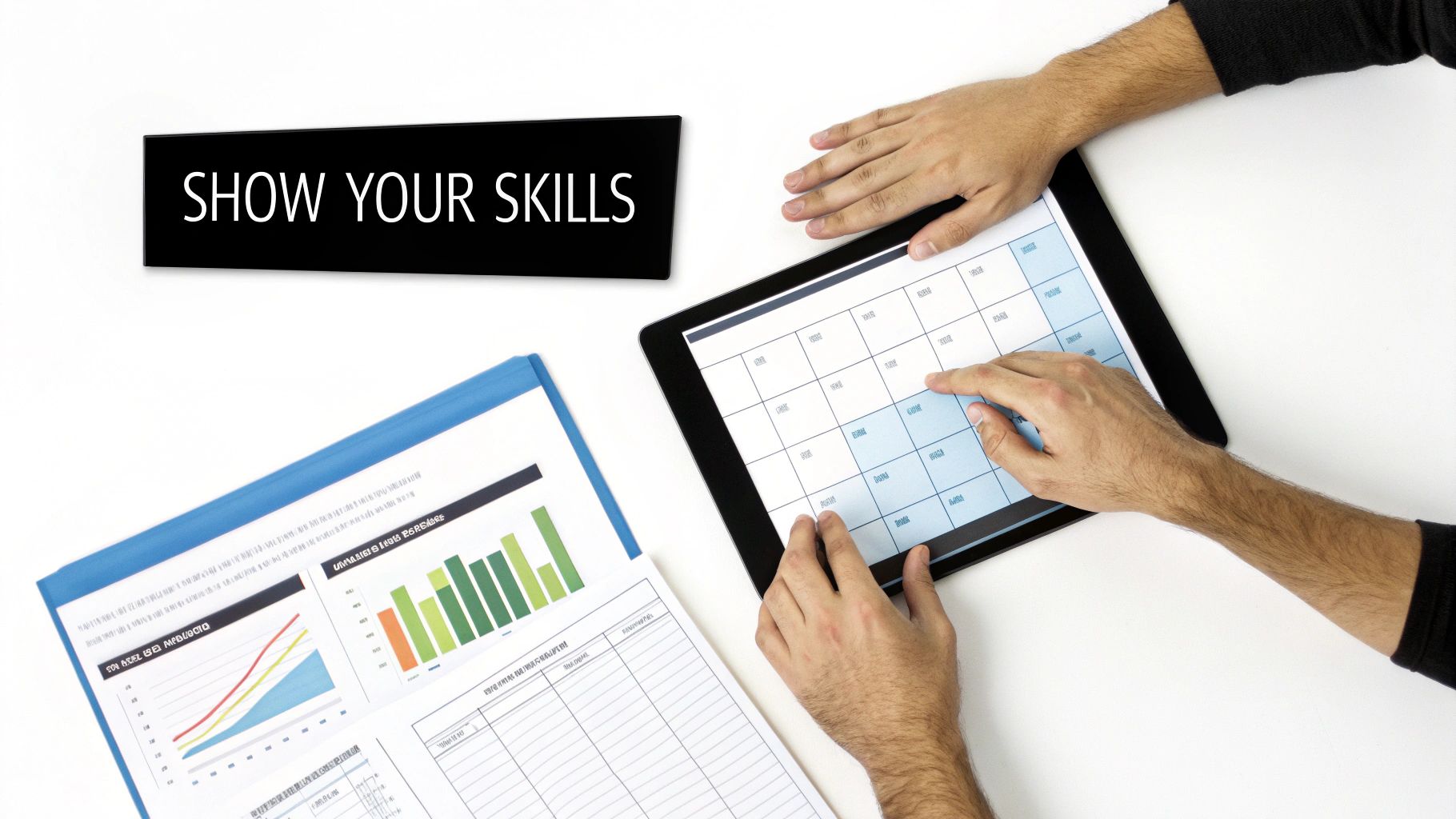 Hands interact with a tablet showing a grid, next to business documents with graphs and a 'SHOW YOUR SKILLS' sign.