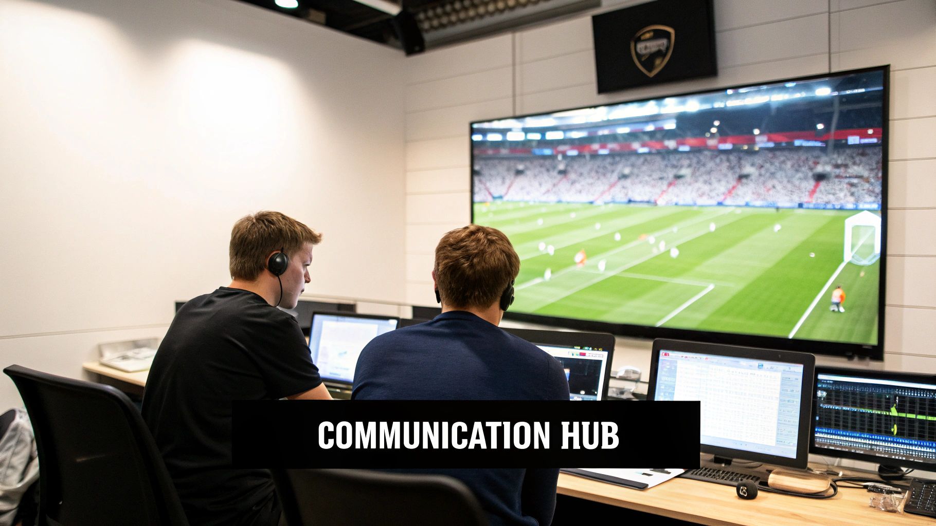 Two students in headsets working at computers in a sports communication hub, watching a soccer game.
