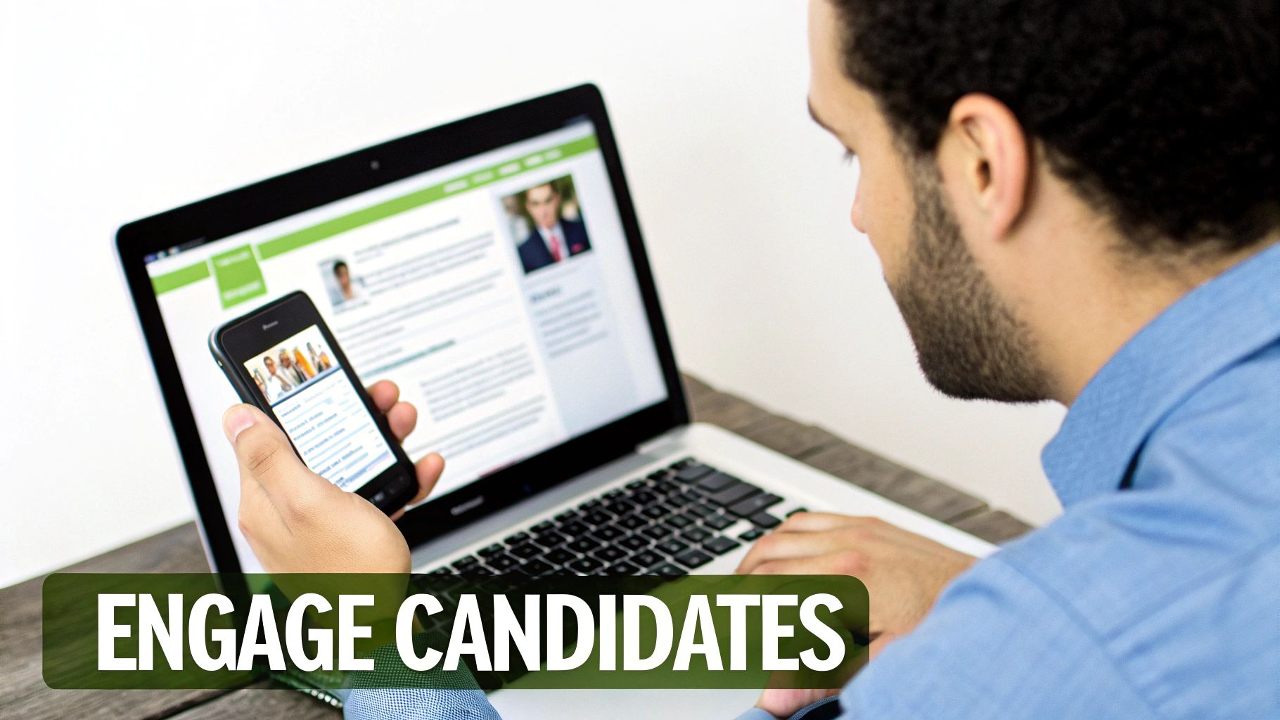 A man reviews candidate profiles on his laptop while holding a smartphone, emphasizing candidate engagement.