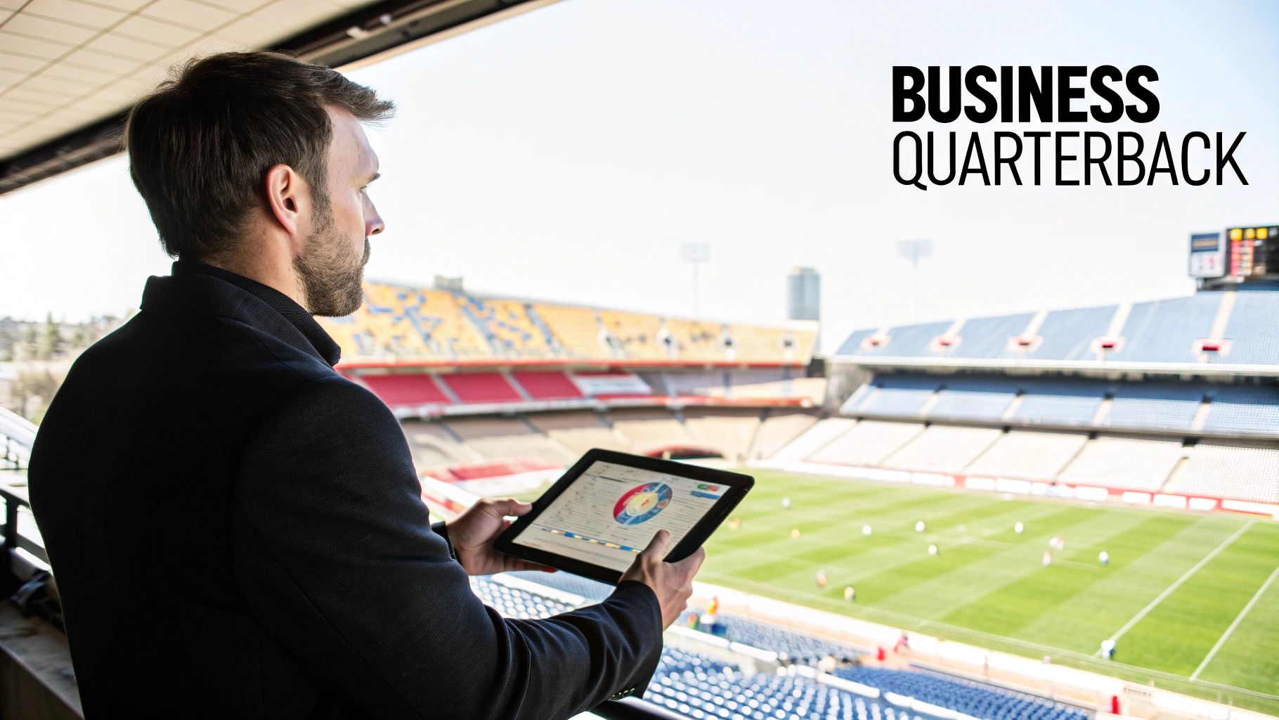 Man with tablet displaying business data, overlooking a sports stadium from above.