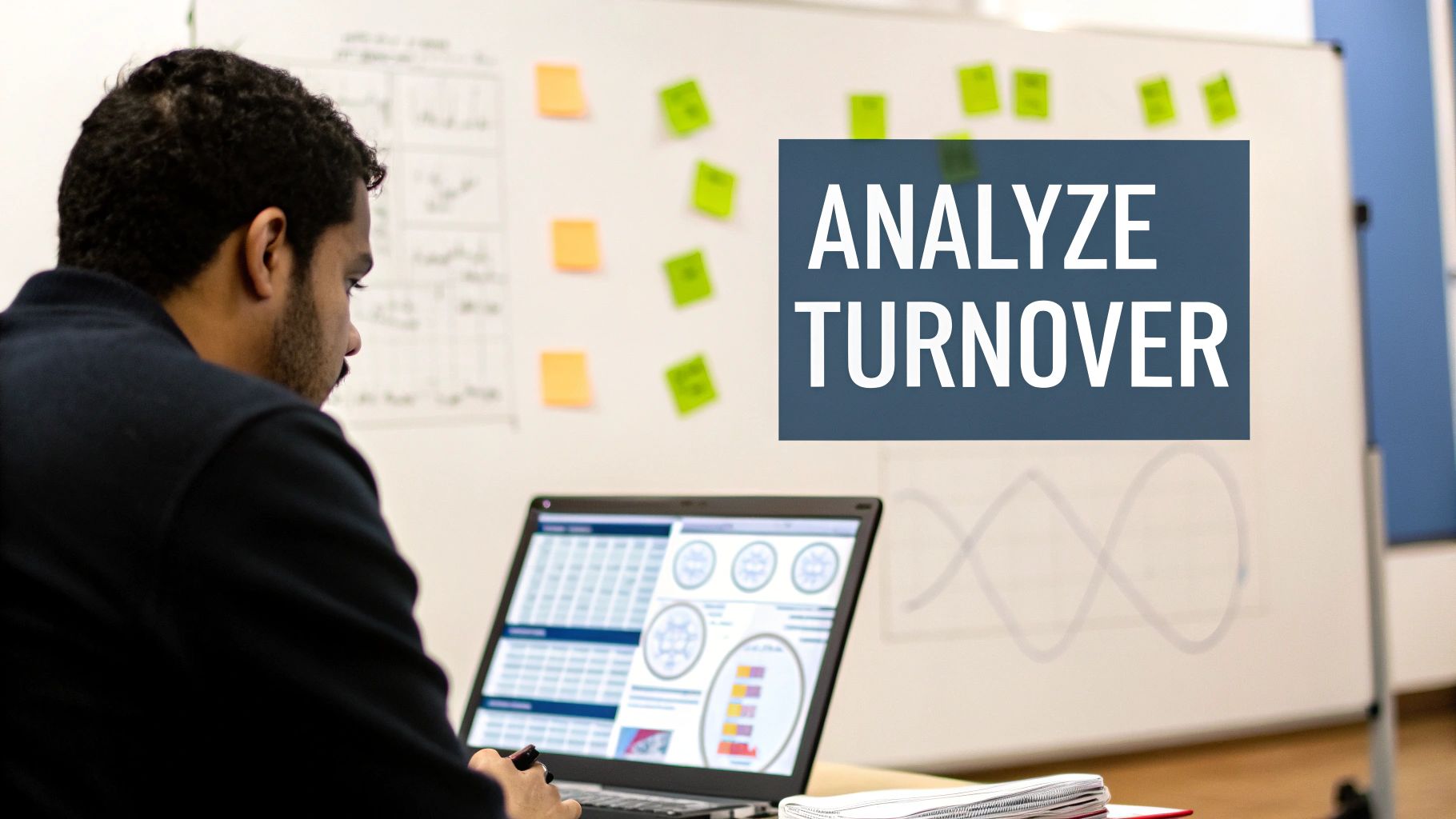 A professional analyzes employee turnover data on a laptop in an office with a whiteboard.