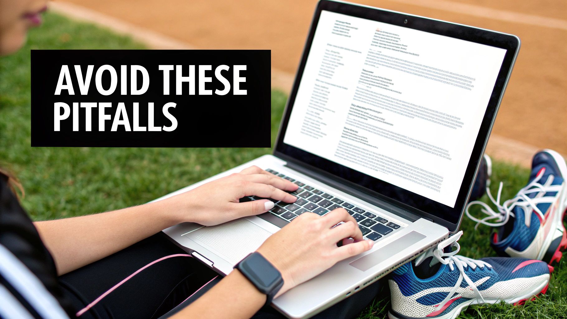Person in sports attire working on laptop on grass, with athletic shoes and 'AVOID THESE PITFALLS' text.