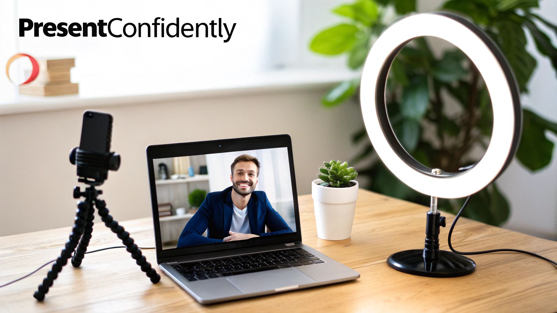 A remote presentation setup with a laptop showing a smiling man, a phone on a tripod, and a ring light on a wooden desk.