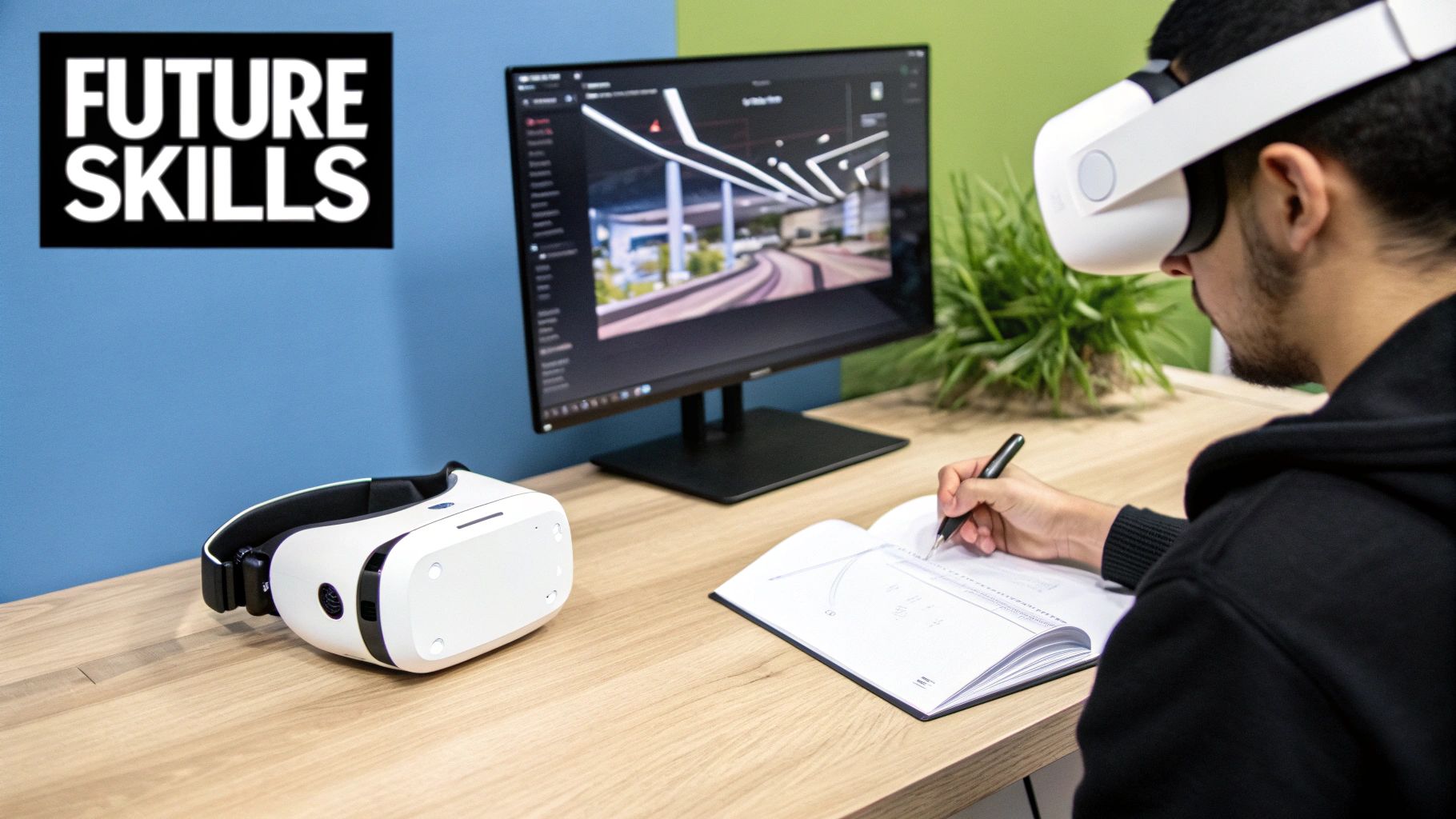 A futuristic sports stadium with glowing data visualizations and fans interacting with augmented reality elements.