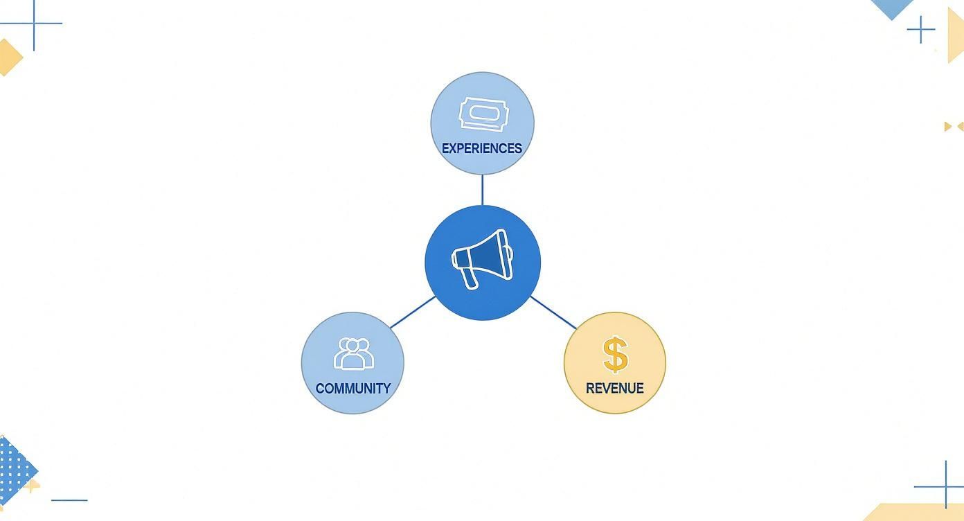 A diagram showing a central megaphone icon linked to three objectives: experiences, community, and revenue.
