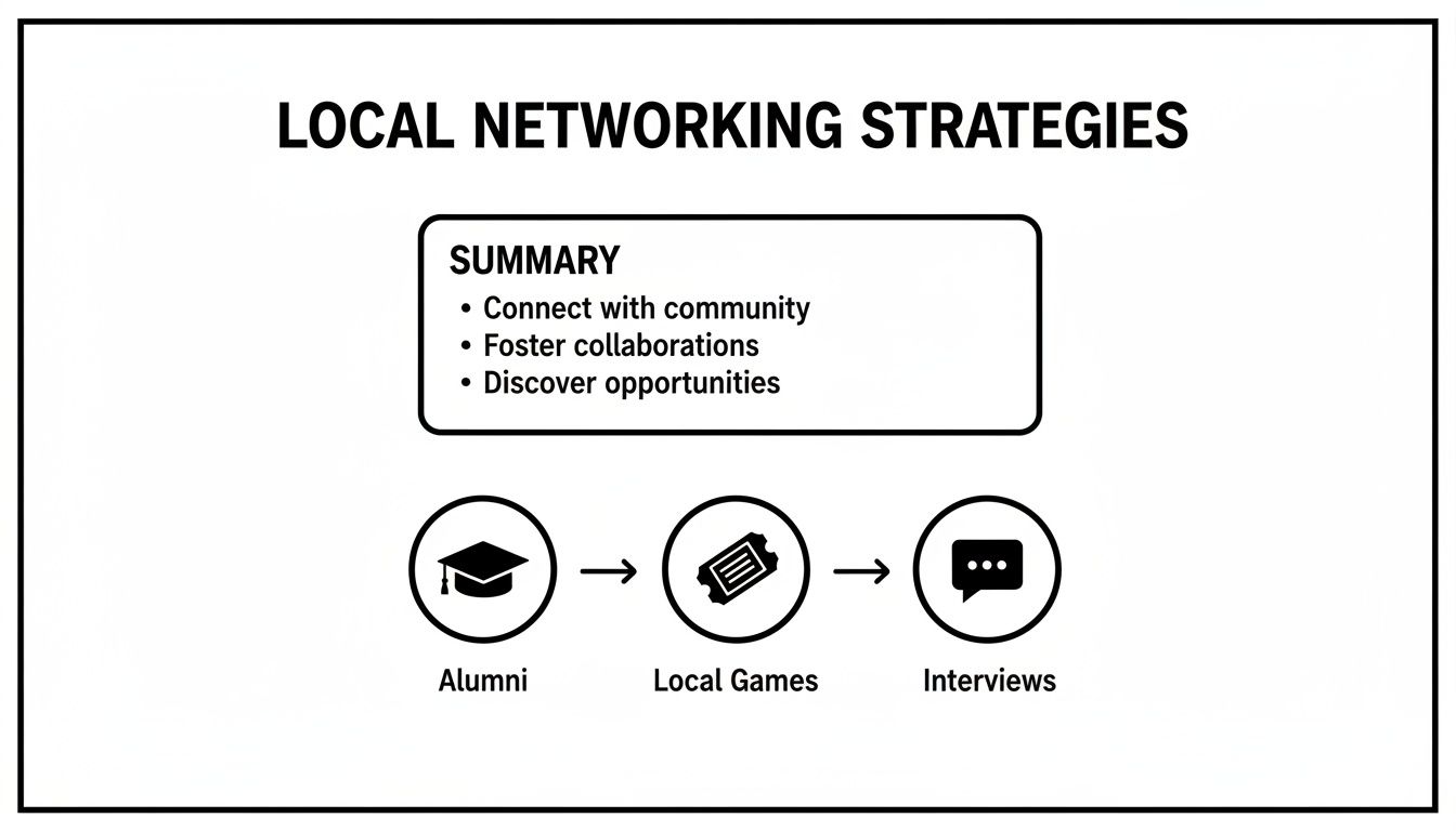 Infographic detailing local networking strategies through alumni connections, local games, and interviews for career opportunities.