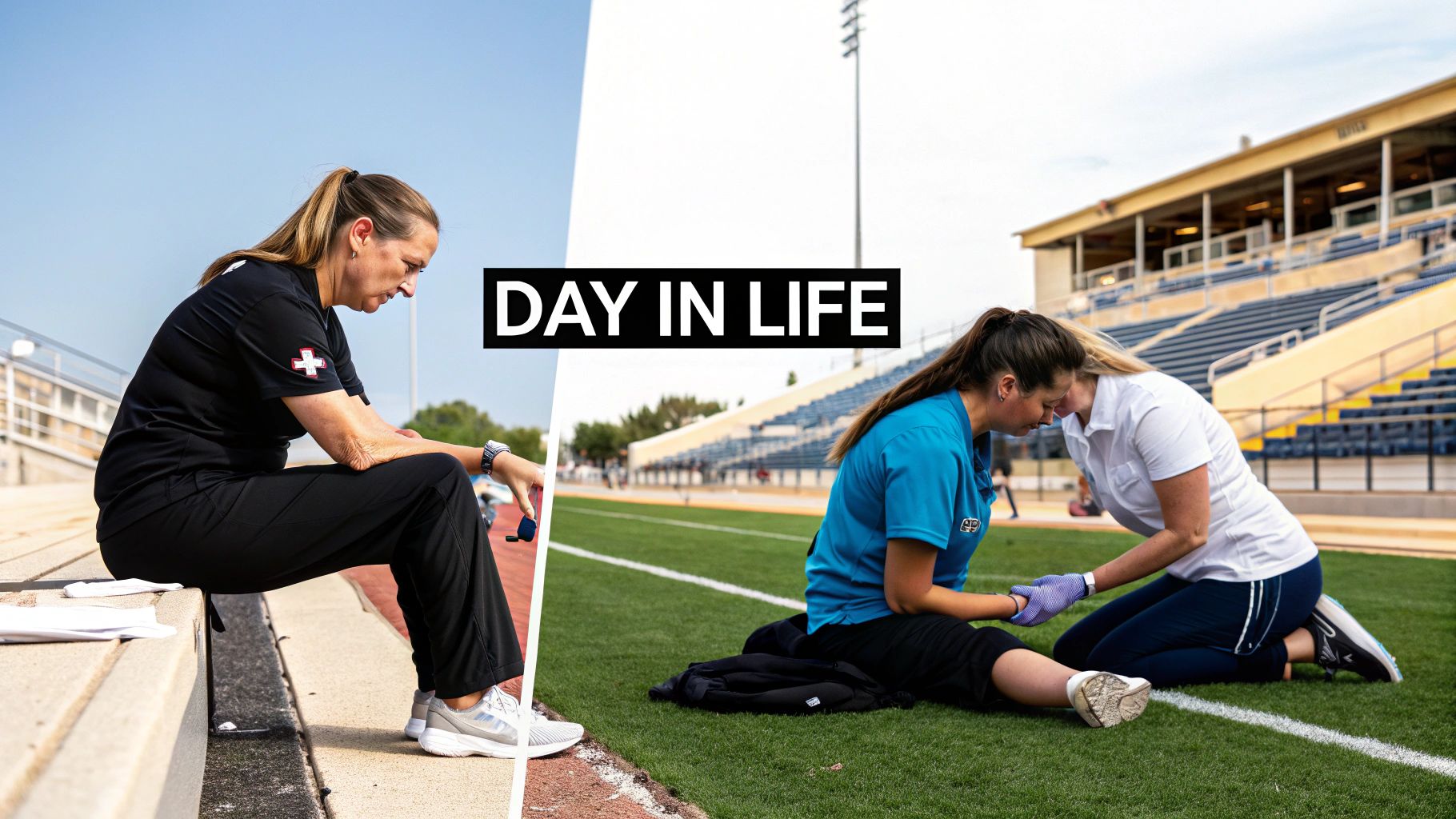 A split image showing a medical professional resting and two athletic trainers treating an injury on a sports field.