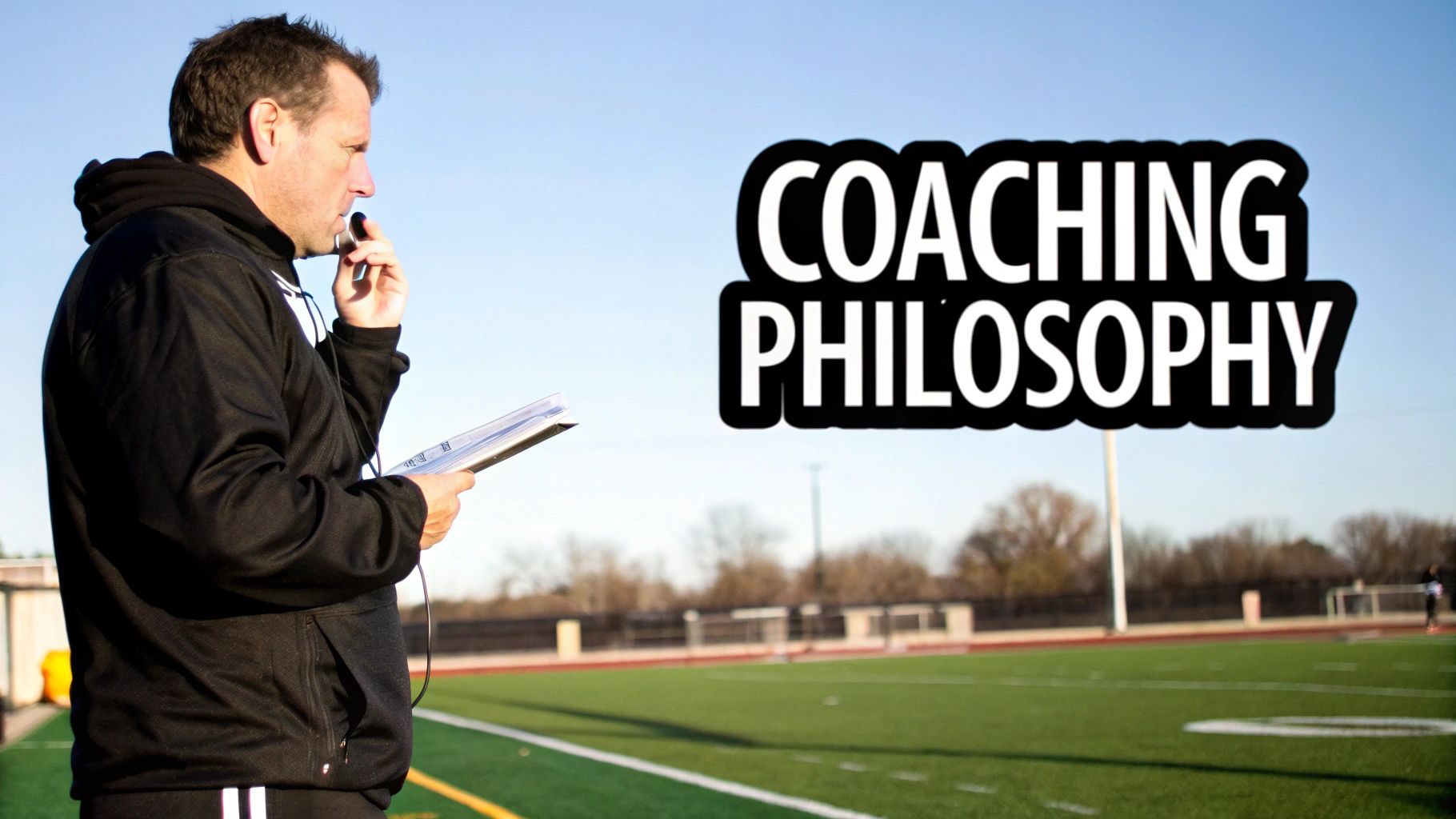 A male sports coach on a green field, holding a clipboard and whistle, with 'COACHING PHILOSOPHY' text.