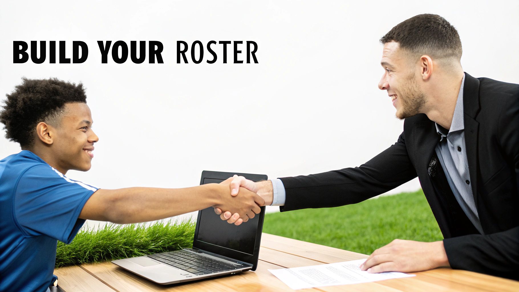 Young athlete and sports agent shaking hands across desk during professional contract negotiation meeting